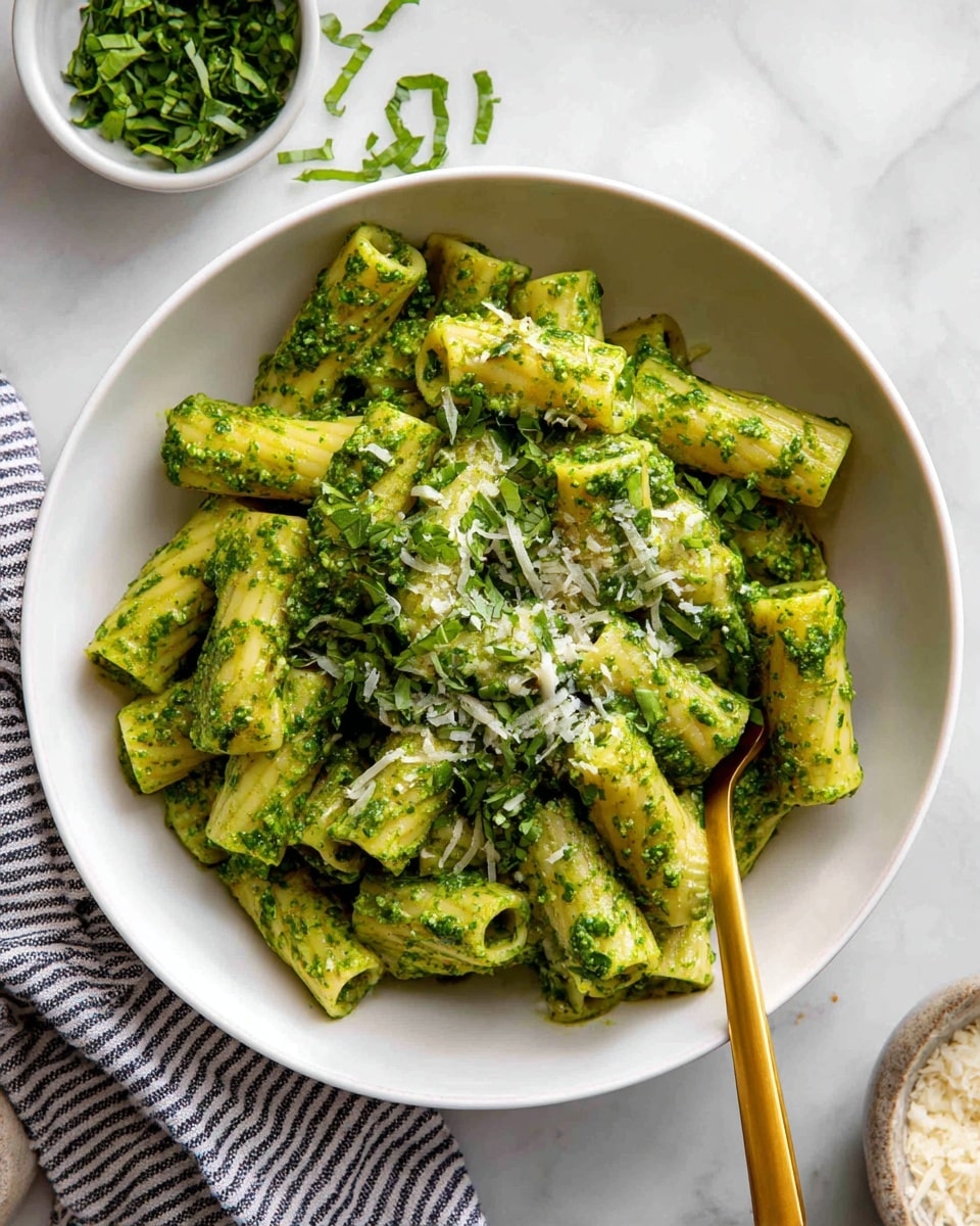 A white bowl filled with short tube pasta covered in a bright green pesto sauce, topped with small bits of grated cheese and fresh green basil leaves. The pasta pieces are evenly coated and piled loosely with a gold fork placed inside the bowl, standing upright. The bowl is set on a white marbled surface, and some fresh chopped basil leaves are scattered around it. Nearby, there are small white bowls holding grated cheese and more fresh herbs. Photo taken with an iphone --ar 4:5 --v 7