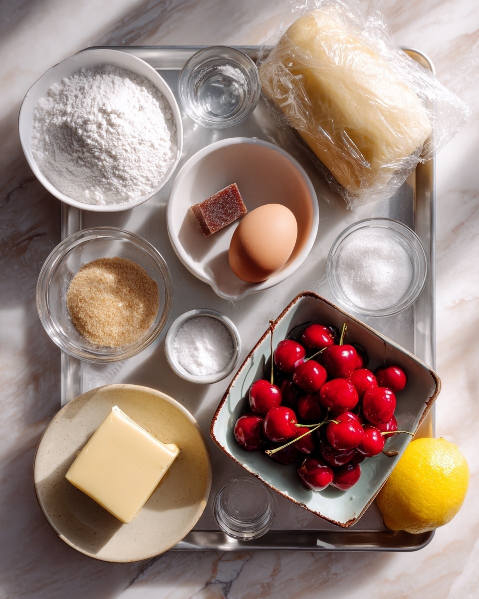 The image shows a metal tray on a white marbled texture, holding several ingredients arranged neatly. In the top right corner, there's a dough wrapped in plastic wrap, soft beige in color. Below it, a white small bowl has a round brown sugar cube inside. Beside this bowl, a tiny empty glass dish is placed. In the top left corner, a clear glass bowl is filled with white powdered sugar. Below that, a small white bowl containing light brown granulated sugar sits. Next to it, a small beige plate holds a square piece of butter. In the center, there is a brown egg placed directly on the tray. Below is a white square dish filled with bright red cherries with stems. Near the bottom right corner, a small white bowl contains fine grain sugar, and next to it, a small gray bowl holds white salt. A half lemon with bright yellow, juicy flesh rests near the bottom right edge. The utensils and ingredients are all clean and well organized, with natural light illuminating the setup from above. Photo taken with an iphone --ar 4:5 --v 7