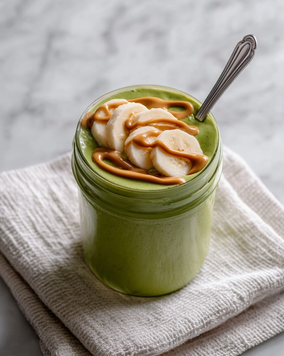 The image shows a clear glass jar filled with a smooth, light green smoothie. On top, there are three banana slices neatly placed in a row on the left side. On the right side of the top surface, there is a swirl of brown almond butter creating a stylish wave pattern. A metal spoon is inserted into the jar from the right. The jar is sitting on a white cloth over a white marbled surface. The background is softly blurred to keep focus on the jar. photo taken with an iphone --ar 4:5 --v 7