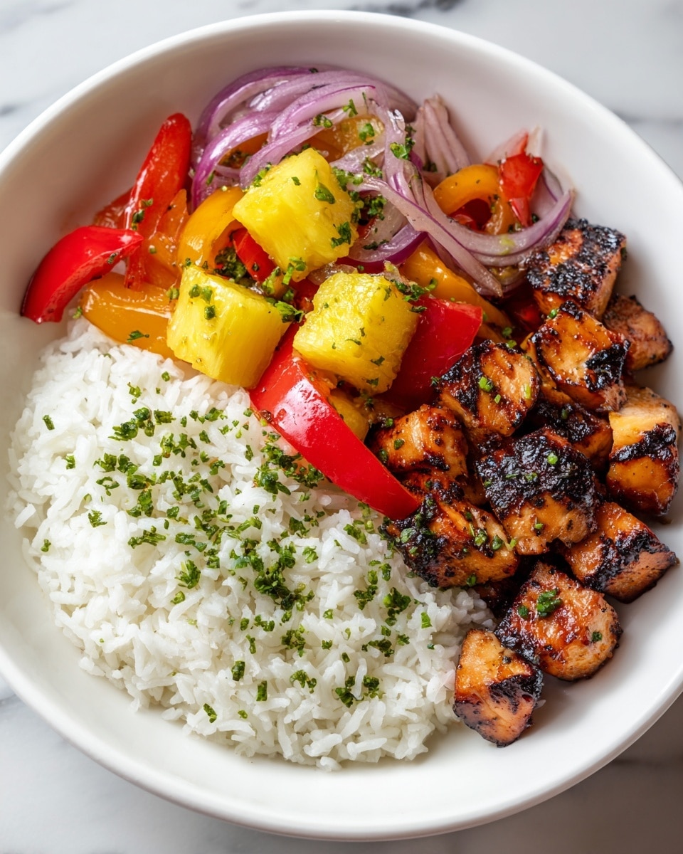 The dish shows a white bowl filled with two main parts: on the right side, there is a pile of plain white rice sprinkled with small pieces of chopped green herbs. On the left side, there is a colorful mix of grilled chicken cubes with dark grill marks, bright yellow pineapple chunks, sliced red bell peppers, and thin slices of purple onion. The grilled chicken and vegetables have a shiny, slightly caramelized surface with tiny green herb pieces scattered on top. The background is a white marbled surface. photo taken with an iphone --ar 4:5 --v 7