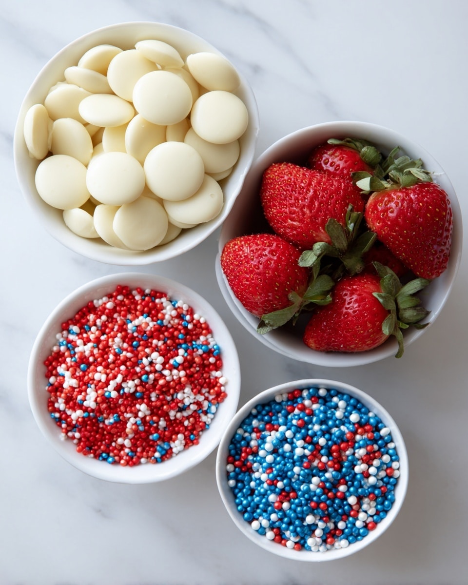Three white bowls are placed in a vertical line on a white marbled surface. The top bowl is filled with smooth, flat, round white candy melts or white chocolate pieces. The middle bowl holds bright red strawberries with green leafy tops, showing a fresh and juicy texture. The bottom bowl contains small, round sprinkles in red, white, and blue colors, densely packed and shiny. Photo taken with an iphone --ar 4:5 --v 7