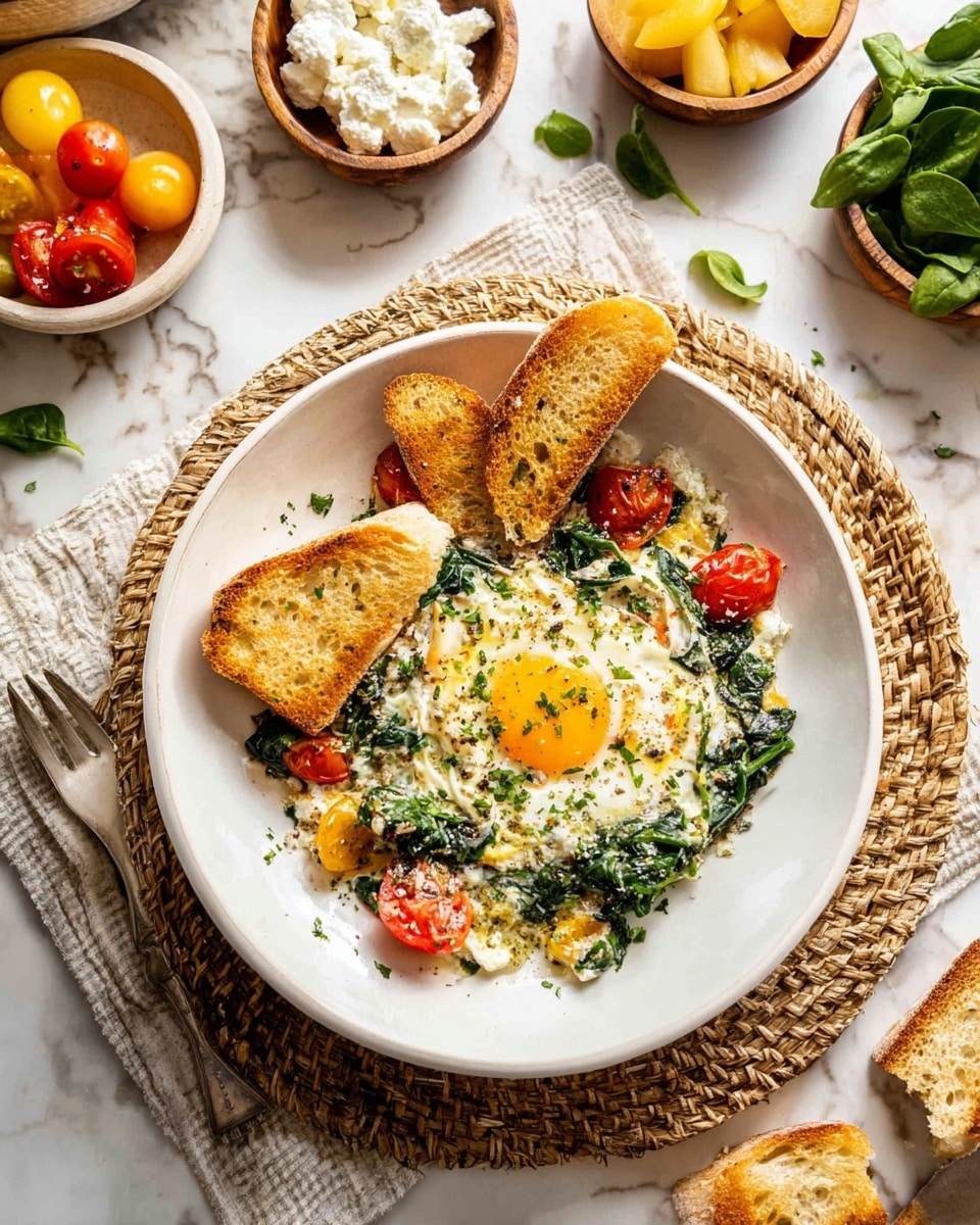 A white plate holds a cooked egg dish layered with wilted green spinach, small yellow pieces of bell pepper, and some halved red cherry tomatoes scattered on top. The egg yolk is bright yellow and slightly runny in the center, surrounded by cooked white egg with bits of green herbs sprinkled over it. Around the egg are three pieces of toasted bread, golden-brown and crispy on the outside with a soft inside. The plate sits on a thick woven mat with bowls of fresh spinach leaves, white cottage cheese, and bright yellow fruit visible around it, all on a white marbled surface. A knife and fork rest by the plate, and a woman's hand is holding one slice of bread. photo taken with an iphone --ar 4:5 --v 7