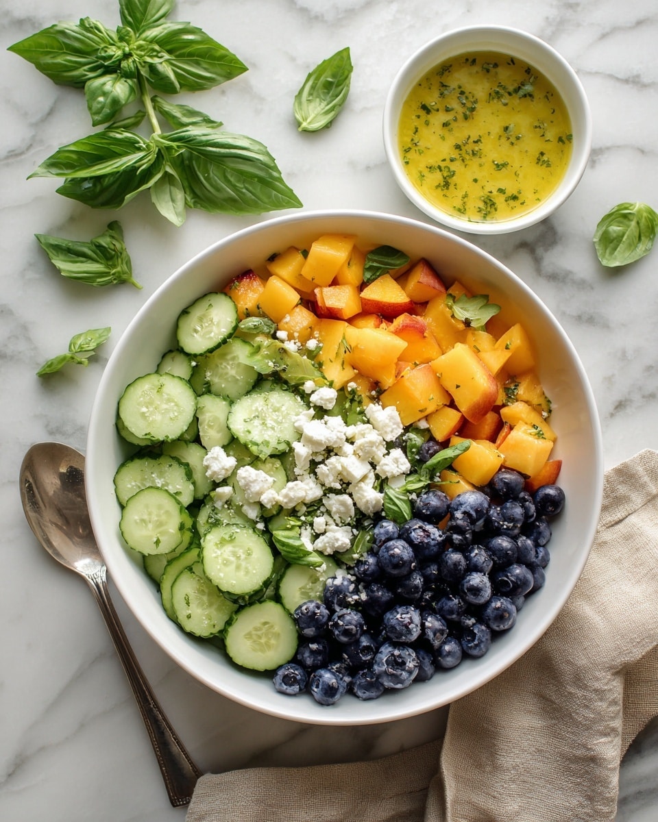 A white bowl is filled with a colorful salad showing three main layers: the bottom layer has round cucumber slices in light green with a crisp texture, the middle layer includes chunks of orange peaches and dark blue blueberries, and the top layer is scattered with small white crumbled cheese pieces and fresh green basil leaves. Next to the bowl is a small white bowl filled with light yellow dressing with green herbs. The setting includes a white marbled surface with some fresh basil leaves scattered around and a silver spoon placed beside the bowl. A beige cloth is partly visible in the bottom right corner. photo taken with an iphone --ar 4:5 --v 7