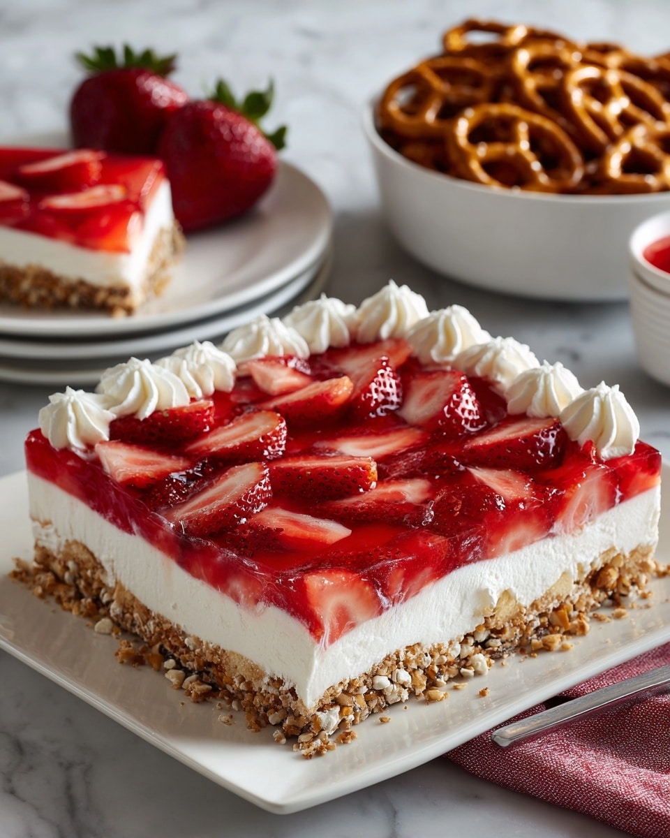 A square dessert in a baking pan is shown with four layers: a bottom layer of crunchy brown nuts, a thick white cream layer above it, a bright red strawberry jelly layer with sliced strawberries arranged evenly on top, and white cream stripes running vertically over the strawberries. The top left corner is cut and one piece is placed on a white plate in the background. Next to the plate are two fresh strawberries and behind that is a beige striped cloth. On the right side, there is a white bowl filled with pretzels. The whole scene is set on a white marbled surface with three black forks in the bottom left corner. Photo taken with an iphone --ar 4:5 --v 7