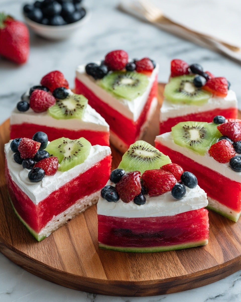 The image shows eight triangular slices of a watermelon fruit pizza arranged in a circle on a wooden board. Each slice has three visible layers: a thick green and light green watermelon rind base, a juicy red watermelon flesh middle, and a smooth white cream top layer. The cream is decorated with fresh fruit pieces placed on top - bright green kiwi slices, red raspberries, red strawberry slices, and dark blue blueberries. The whole setup is on a white marbled surface. Photo taken with an iphone --ar 4:5 --v 7