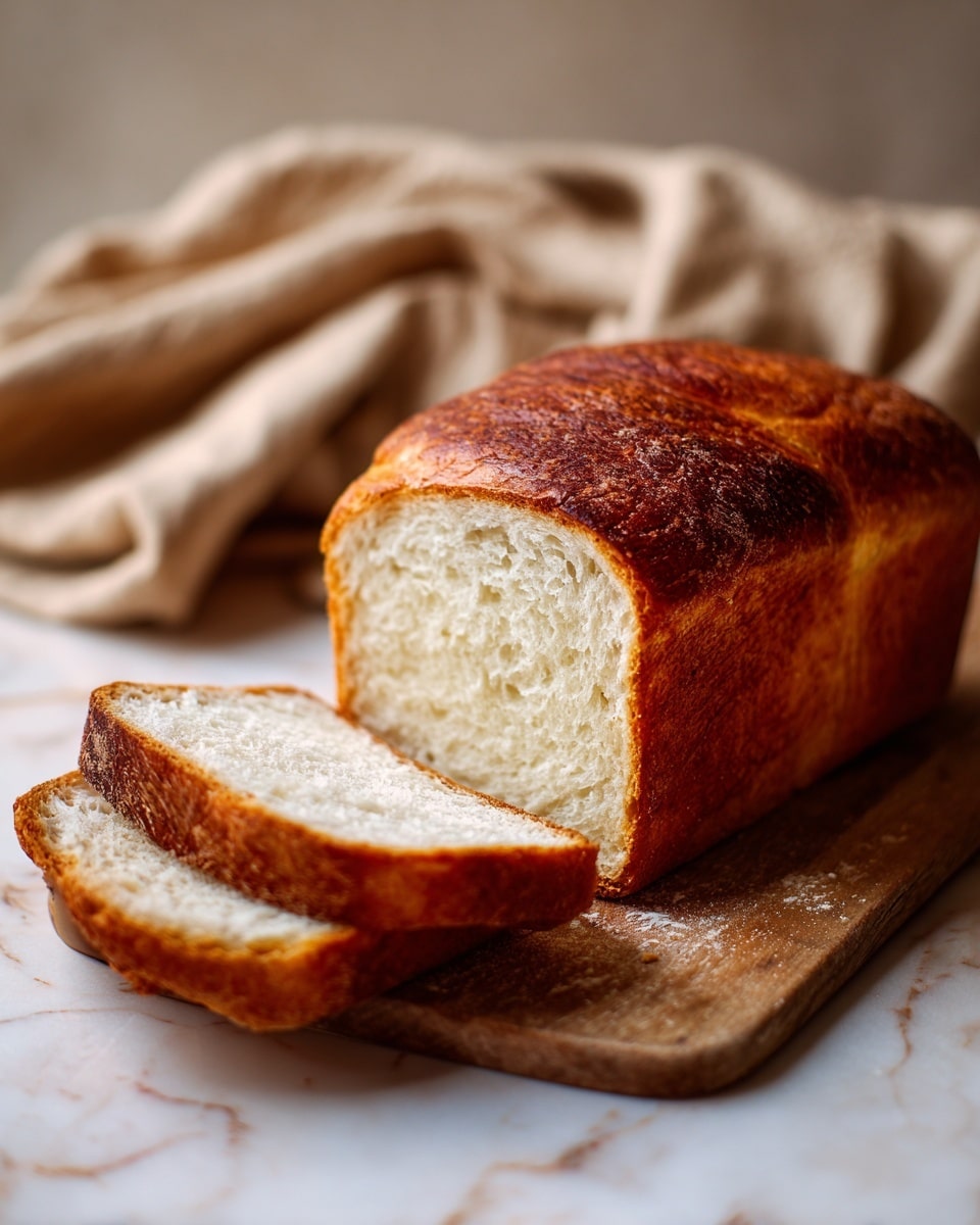 This image shows a loaf of bread placed on a wooden board over a white marbled surface. The bread has a golden-brown crust with a slightly rough texture and looks crispy on top. Two slices are cut from the loaf, revealing a soft, creamy white inside with a light fluffy texture. The background is softly blurred, including a beige cloth, which adds a warm, cozy feel to the scene. Photo taken with an iphone --ar 4:5 --v 7