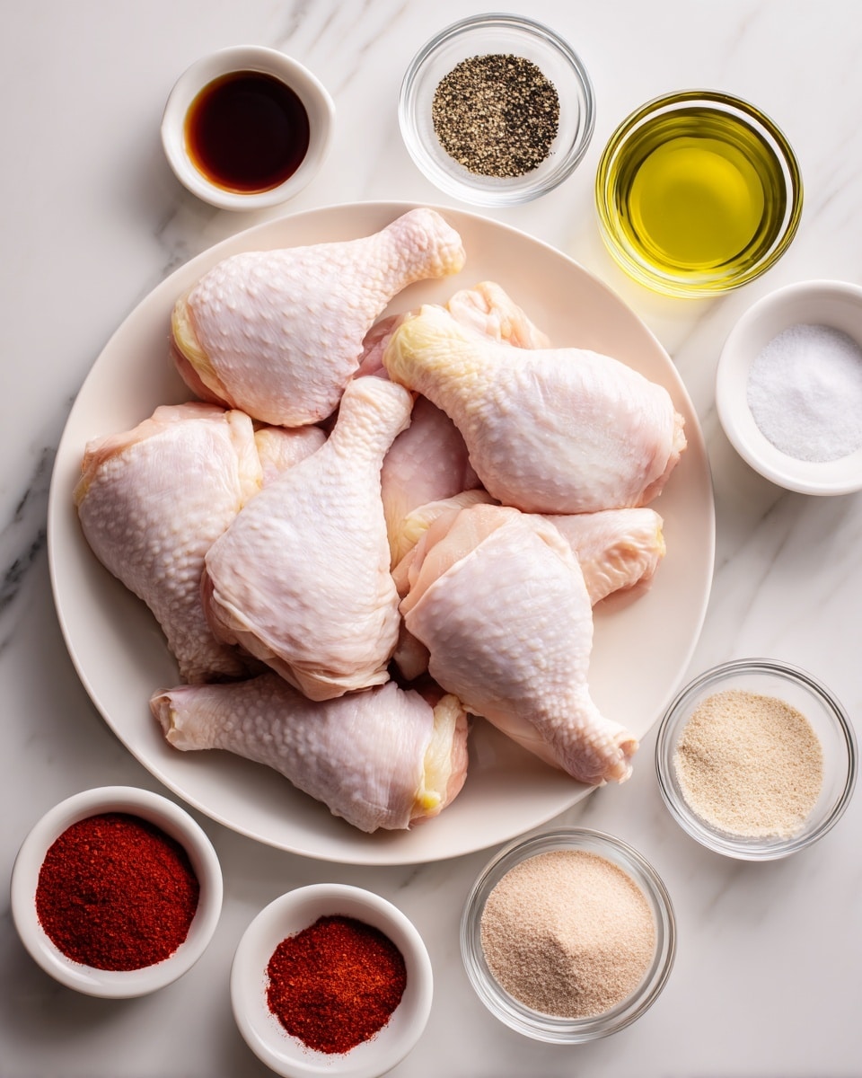 A white plate holds nine raw chicken drumsticks with pale pink skin and some yellowish fat, arranged neatly mostly facing outward. Around the plate on a white marbled surface, there are eight small white bowls and two clear glass bowls. The bowls contain various ingredients: a shiny dark brown sauce in a white bowl above the chicken, light green olive oil in a white bowl to the right, black pepper in a white bowl below the olive oil, white salt in a white bowl below the pepper, two clear bowls at the bottom hold red paprika powder and a pale yellow spice. Another white bowl holds a light beige powder and is below the salt, with another small white bowl at the lower edge containing a similar beige spice. The overall scene is bright and clean with even lighting, photo taken with an iphone --ar 4:5 --v 7
