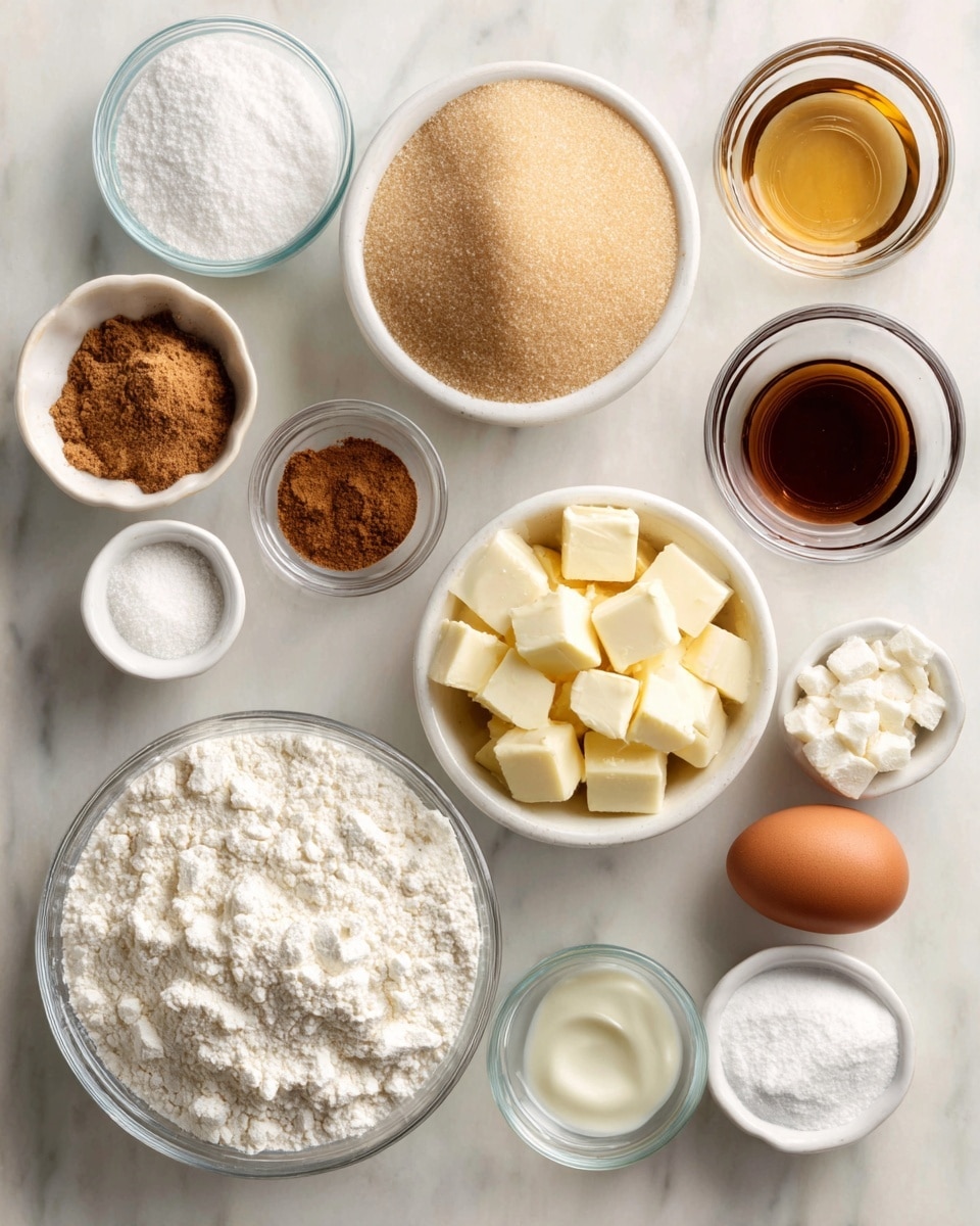 A top-down view of multiple small white bowls and clear glass bowls arranged on a white marbled surface, each holding separate ingredients for baking. There is a large clear glass bowl filled with white flour at the lower left, and a white bowl with chopped pale yellow butter cubes in the center. Next to the butter is a small white bowl containing three brown spices: cinnamon, allspice, and ginger, showing different shades of brown powder. Above the bowls is a medium white bowl filled with light brown sugar, and to its left, a clear glass bowl contains white sugar. Smaller white bowls hold white cornflour/cornstarch, white baking powder, a small amount of white salt, and light amber vanilla extract. Two brown eggs rest on the surface to the right. Labels on the image indicate each ingredient’s name. The photo is taken with an iphone --ar 4:5 --v 7