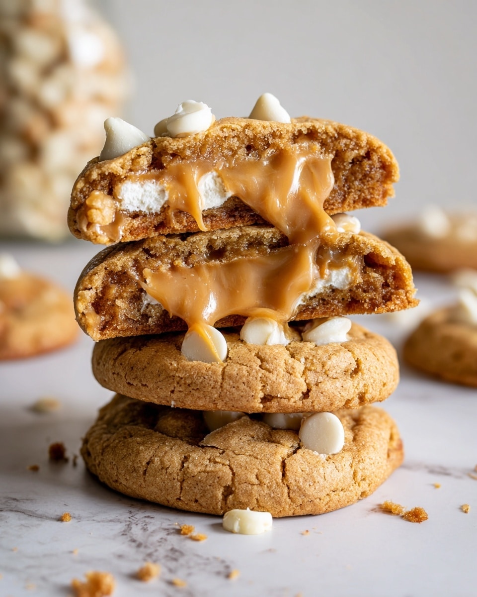 A stack of four thick golden brown cookies with visible white chocolate chips is placed on a white marbled surface. The top cookie is broken in half and laid on top of the third cookie, showing a smooth, rich caramel filling oozing out between the two halves. The cookies have a slightly cracked texture on the surface. A jar of caramel sauce with a red lid is blurred in the background on the left side. Small white chocolate chips are scattered around the base of the stack. photo taken with an iphone --ar 4:5 --v 7