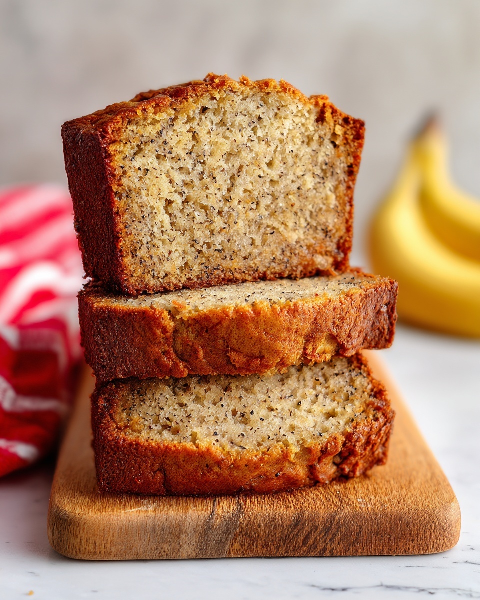 A close-up view of three thick slices of banana bread placed upright on a wooden cutting board over a white marbled surface. The bread has a golden-brown crust and a moist interior filled with small dark specks from the bananas, showing a soft texture. The background includes a white marbled texture, a red and white towel partially visible on the left side, and a banana blurred in the background on the right. Photo taken with an iphone --ar 4:5 --v 7