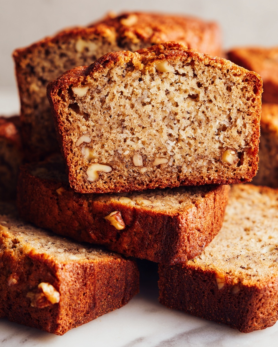 A close-up view of several slices of brown banana bread stacked on each other, showing a textured, moist crumb with small, scattered walnut pieces inside. The crust is a darker brown, firm, and slightly cracked on the edges. The slices are arranged in a way that highlights the thickness and soft interior of each piece. The background is a white marbled surface. photo taken with an iphone --ar 4:5 --v 7