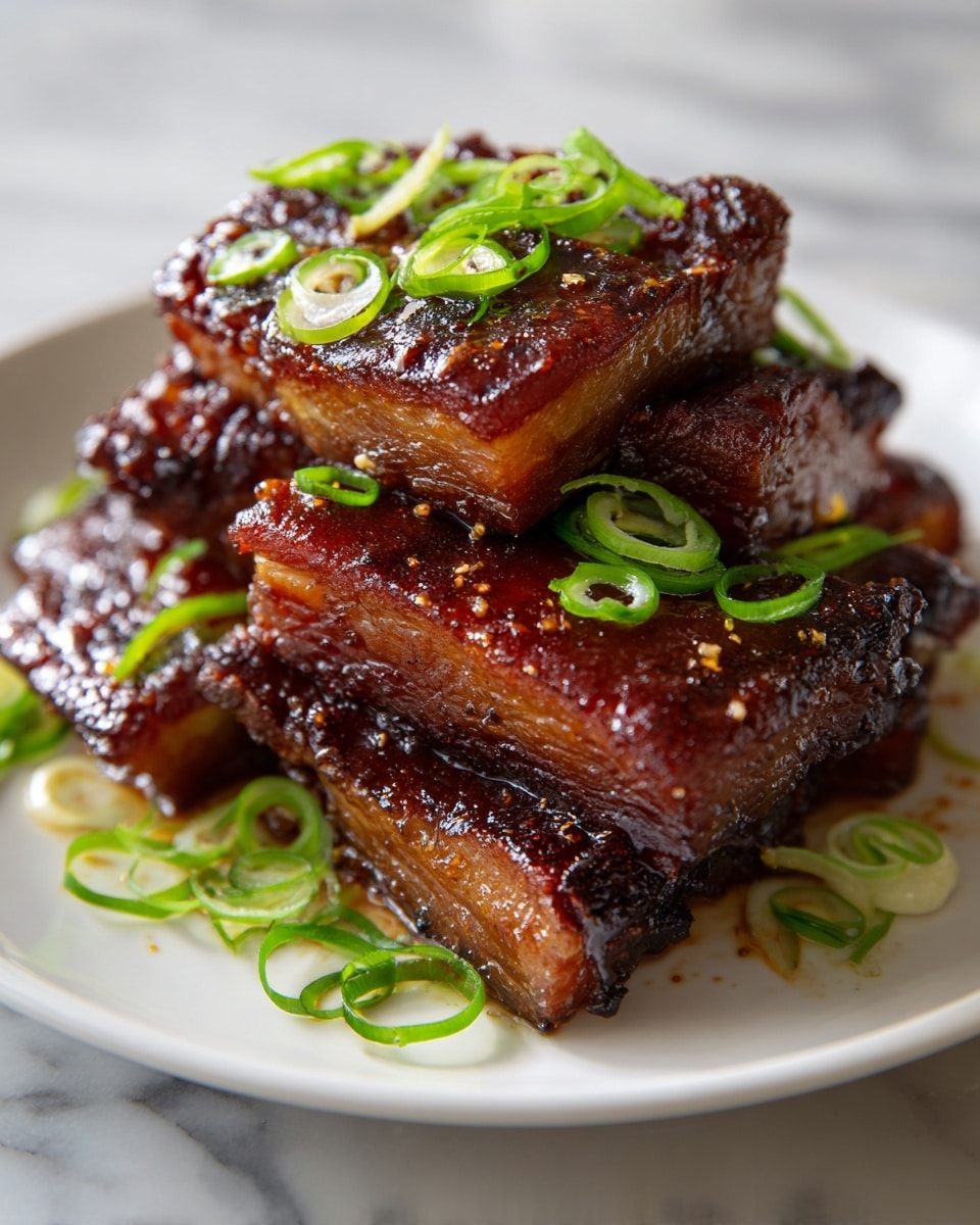 This image shows a close-up of a stack of five grilled pieces of meat, each with a shiny caramelized brown and black slightly crispy surface. The pieces are layered unevenly, with the top piece facing forward and smaller pieces beneath it. Bright green thinly sliced onion rings are scattered on top and around the meat, adding contrast in color. The plate holding the meat is white and sits on a white marbled surface. The lighting highlights the juicy texture of the meat and the fresh green of the onions, giving a warm and appetizing look. photo taken with an iphone --ar 4:5 --v 7