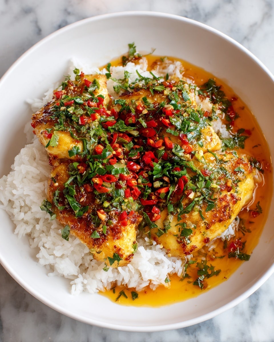 A white bowl filled with a bed of fluffy white rice topped with two golden-brown cooked fish fillets. The fish has a slightly crispy texture with a spicy orange sauce pooling around the rice. The top of the fish is sprinkled with bright green chopped herbs and small pieces of vibrant red chili peppers, adding contrast and freshness. The bowl sits on a white marbled surface. Photo taken with an iphone --ar 4:5 --v 7