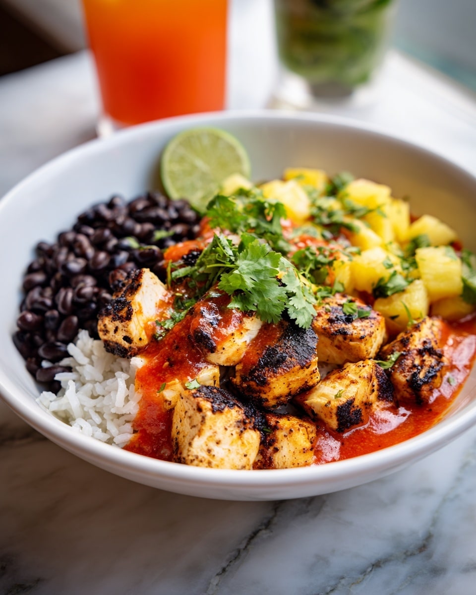 A white bowl filled with three main layers: the bottom layer is white rice, topped with black beans on one side, and grilled pieces of light brown chicken mixed with yellow pineapple chunks on the other side. Bright red-orange sauce is drizzled over the chicken and pineapple. Fresh green cilantro leaves are sprinkled on top and around the bowl. A lime wedge with some red sauce sits on the side of the bowl. The bowl is placed on a white marbled surface with some blurred greenery and an orange drink in the background. Photo taken with an iphone --ar 4:5 --v 7