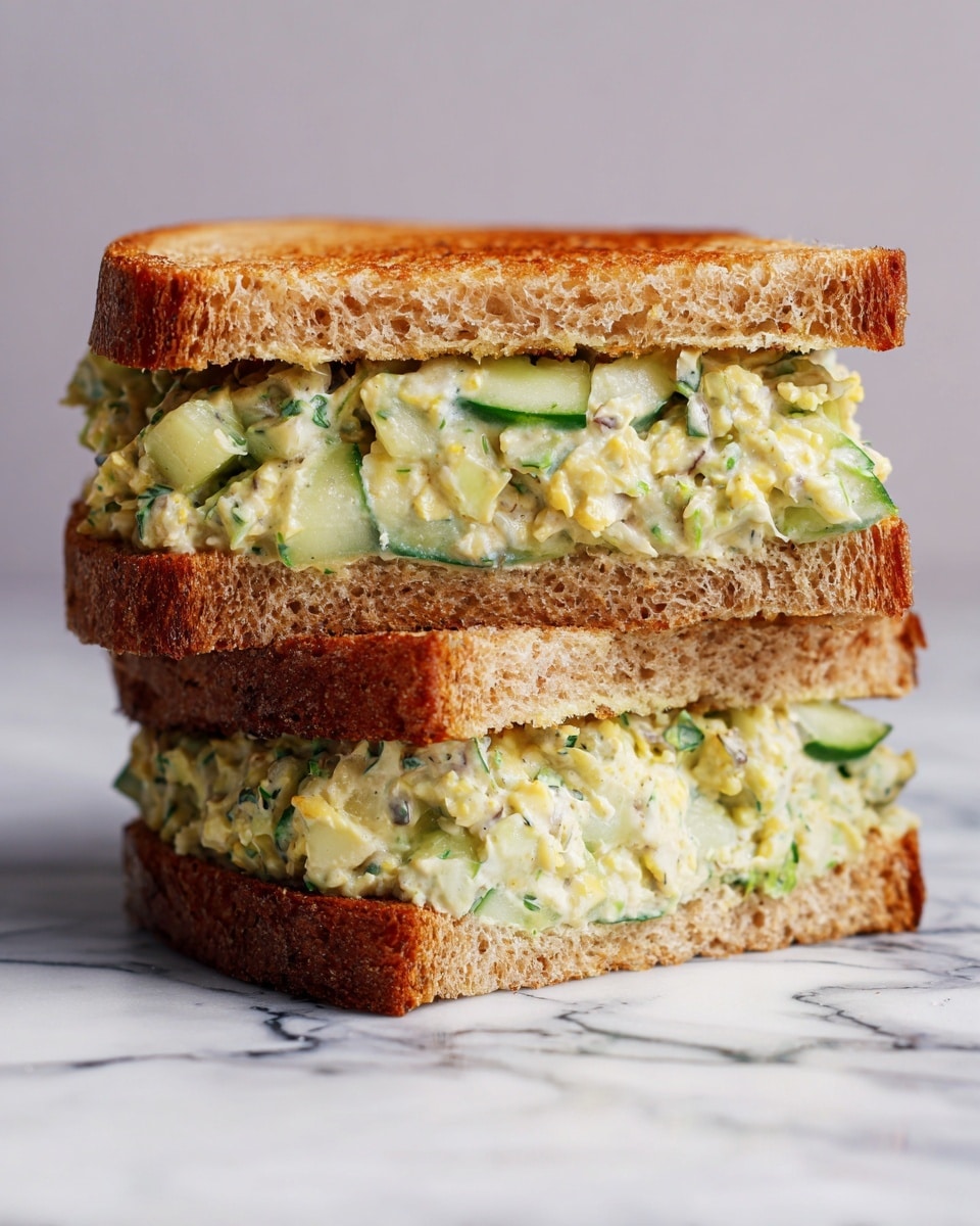 A close-up side view of a sandwich made with two slices of toasted brown bread, each slice showing a golden-brown, slightly crunchy texture. Between the bread slices, there is a thick, chunky filling composed of diced green celery, light green pieces, and small bits of filling mixed with herbs, giving a fresh and slightly creamy look. The sandwich rests on a white marbled surface, highlighting the textures and colors of the bread and filling clearly. photo taken with an iphone --ar 4:5 --v 7