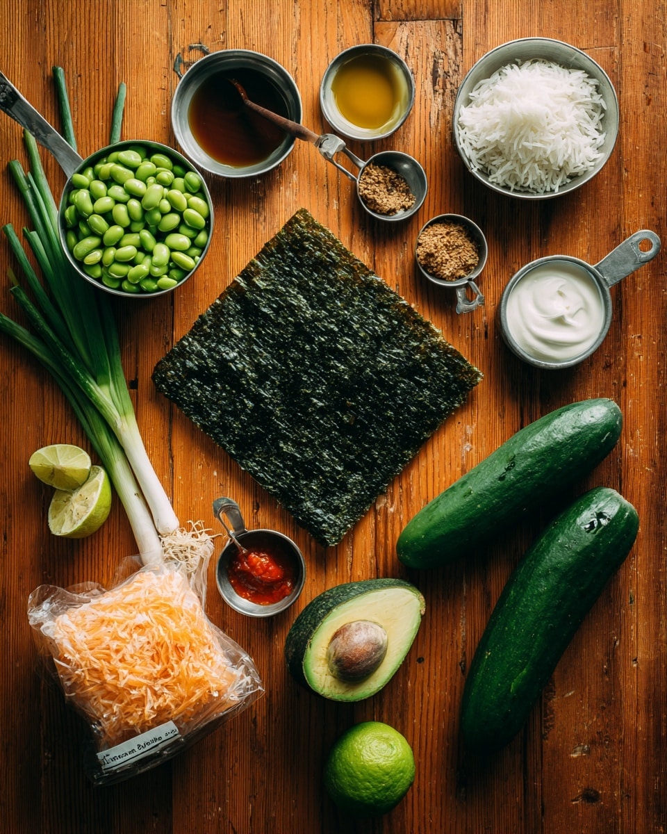 The image shows a wooden surface with various ingredients arranged neatly around a square dark green nori seaweed sheet placed in the center. Around it are a metal measuring cup filled with green edamame, a whole dark green avocado, a long dark green cucumber, and three fresh green onions with white bulbs. Nearby are small metal measuring spoons and cups containing light amber honey, a pale creamy white Greek yogurt, light brown rice vinegar, a small brownish-red chili crunch, dark soy sauce, salt, and bright red sriracha. There is a lime and a small round container of orange-pink salmon. A white and green package of jasmine rice sits in the bottom left corner. The warm wood grain surface contrasts with the fresh green and bright colorful ingredients. photo taken with an iphone --ar 4:5 --v 7