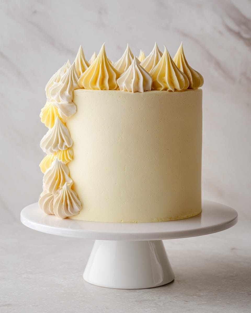 A tall, smooth, three-layer cake covered in light cream-colored frosting stands on a white cake stand with a simple round base. The cake has decorative dollops of piped frosting in two shades: a soft white and a pale yellow, arranged in a curved pattern starting from the top edge and cascading down one side. The piping shows a mix of star and rosette shapes with ridged textures, creating a delicate and elegant look. The background is a white marbled surface with hints of kitchen items softly blurred out, giving a clean and bright feel to the image. photo taken with an iphone --ar 4:5 --v 7