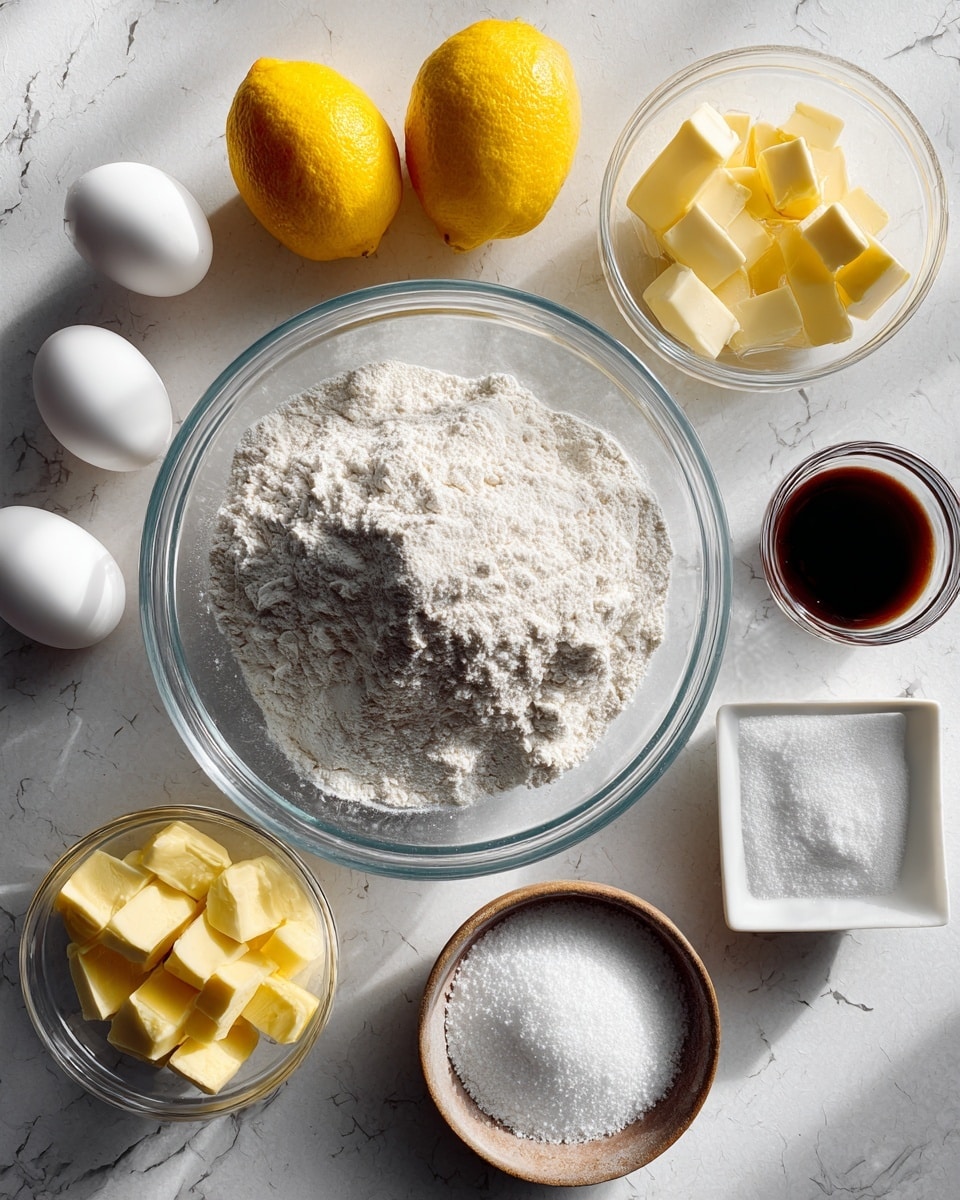 A clear glass bowl in the center holds a mix of white and light grey flour, sitting on a white marbled textured surface. Around it are several white eggs on the left, two bright yellow lemons, a small clear bowl with several pale yellow butter cubes, another clear bowl filled with white sugar, a small round brown bowl with a white powder, and a small square white dish with a dark liquid, all arranged neatly. The scene has soft natural light creating gentle shadows. photo taken with an iphone --ar 4:5 --v 7