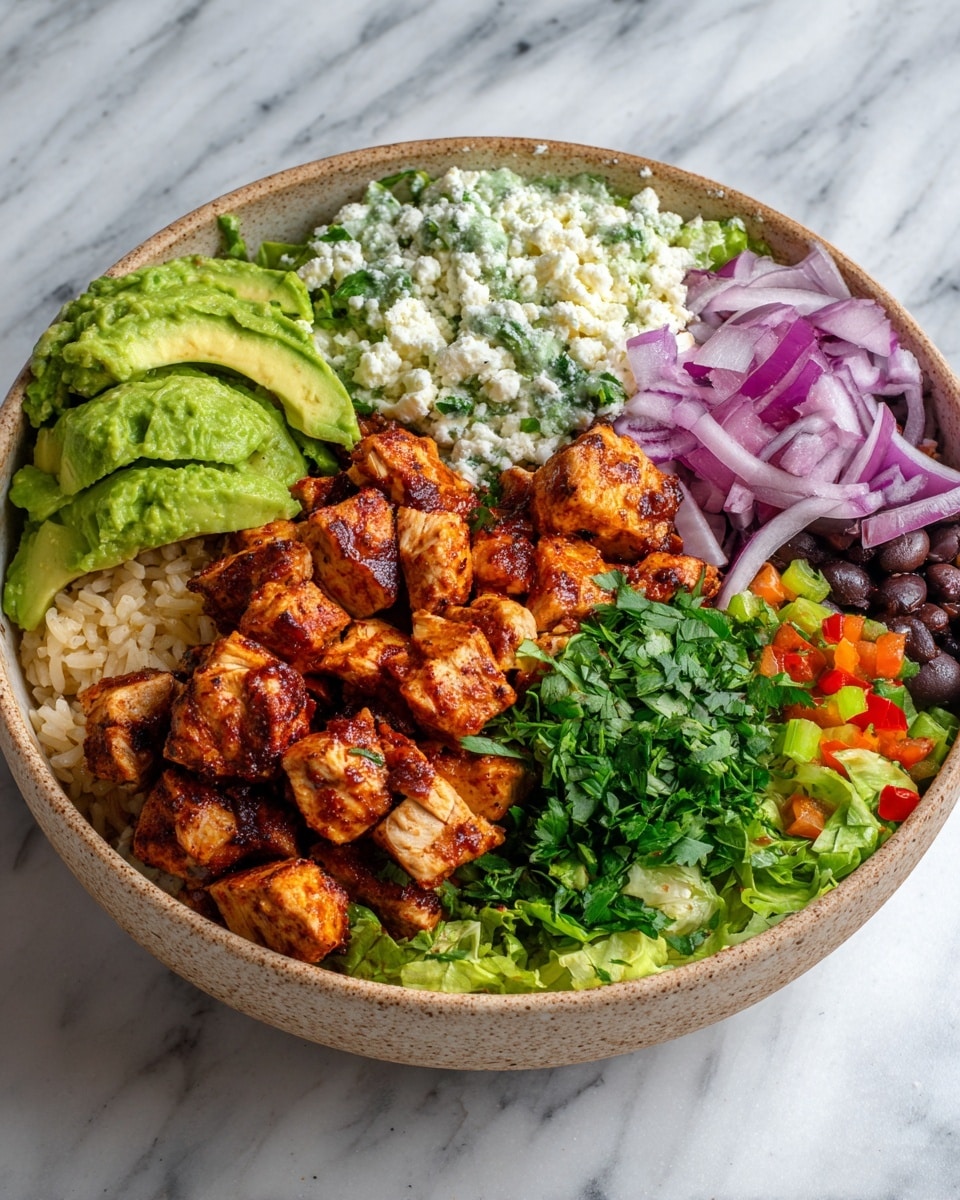 The dish is served in a deep white speckled bowl placed on a white marbled surface. The bottom layer is light brown cooked rice covering the entire base. On top, chunky dark reddish-brown spiced chicken fills the left half, with a few dollops of white sauce scattered on it. Below the chicken, there are three thick slices of green avocado. In the center, a thick pile of crumbly white cheese is spread. To the right of the cheese, vibrant purple cooked onion slices rest next to finely chopped bright green lettuce. Next to the lettuce, a colorful mix of diced red, yellow, and orange bell peppers with some black beans and herbs completes the right edge of the bowl. The ingredients show fresh textures and bright colors. photo taken with an iphone --ar 4:5 --v 7