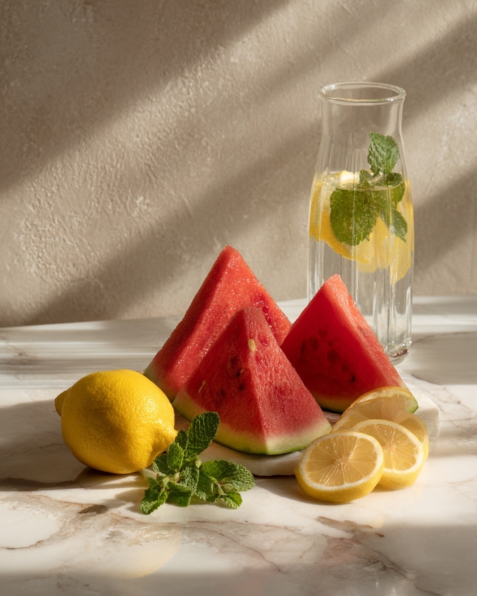 The image shows three thick triangular pieces of watermelon with deep red flesh and green rind, arranged closely on a white marbled surface. In front of the watermelon, there is a whole yellow lemon beside a halved lemon with visible juicy segments. Two thin lemon slices and a small sprig of green mint lie near the lemons. Behind the fruits, there is a clear glass carafe filled with water, lemon slices, and mint leaves. The background is a subtle textured wall with soft sunlight creating gentle shadows and streaks across the scene. photo taken with an iphone --ar 4:5 --v 7