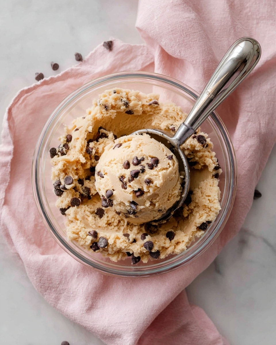 A clear glass bowl filled with pale beige cookie dough mixed with many dark brown chocolate chips, showing a thick and slightly crumbly texture. A shiny silver ice cream scoop holds a rounded portion of the dough in the center, with more dough and chips visible around it. The bowl rests on a softly folded pale pink cloth over a white marbled surface. The photo taken with an iphone --ar 4:5 --v 7