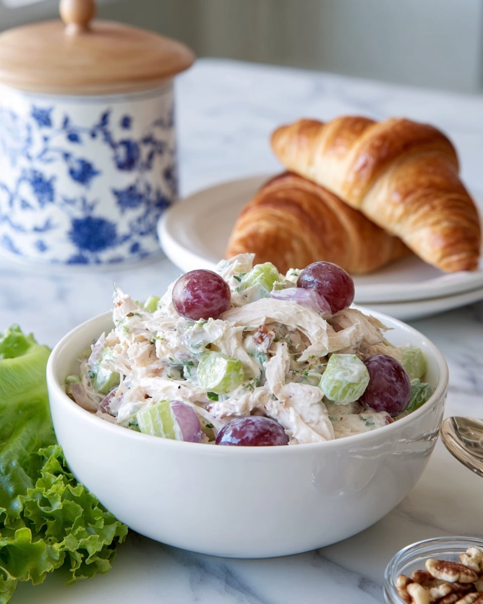 A white bowl filled with a layered salad consisting of creamy shredded chicken mixed with light green celery pieces, chunks of red onion, and glossy red grapes, all held together by a creamy dressing that gives a slightly textured look; in the background, there are two golden brown croissants sitting on a white plate, with a blue and white patterned container with a wooden lid also visible; the scene is set on a white marbled textured surface with some green lettuce leaves partially visible at the bottom left corner, photo taken with an iphone --ar 4:5 --v 7