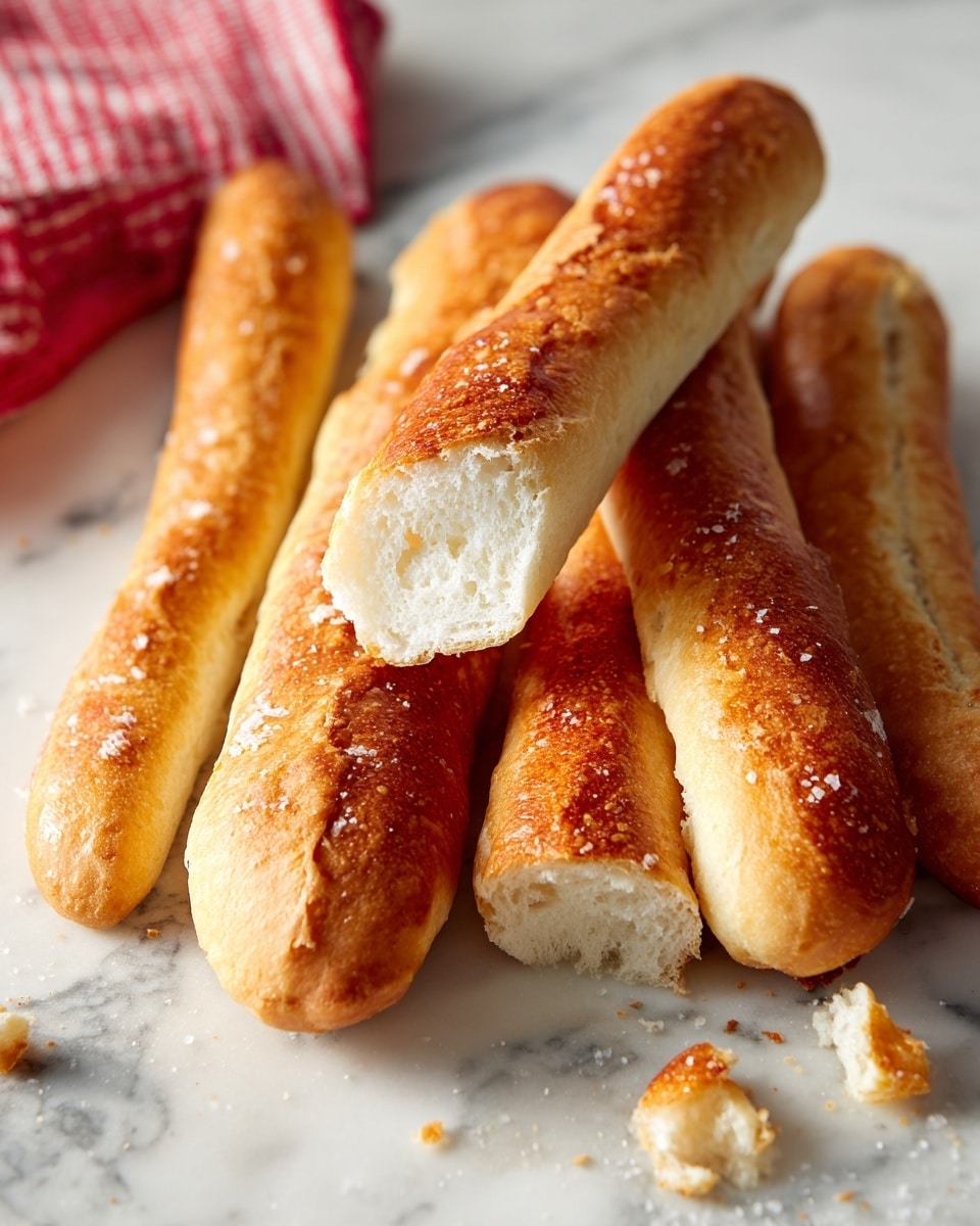 A close-up view of a pile of golden brown breadsticks resting on a red and white checkered cloth that covers a wooden board. The breadsticks have a soft, shiny surface sprinkled with small bits of herbs, and one breadstick is broken, showing its light, fluffy inside texture. On the side, part of a white bowl filled with red dipping sauce is visible, along with part of a salad with green leaves at the edge of the image. The background has a white marbled texture. Photo taken with an iphone --ar 4:5 --v 7
