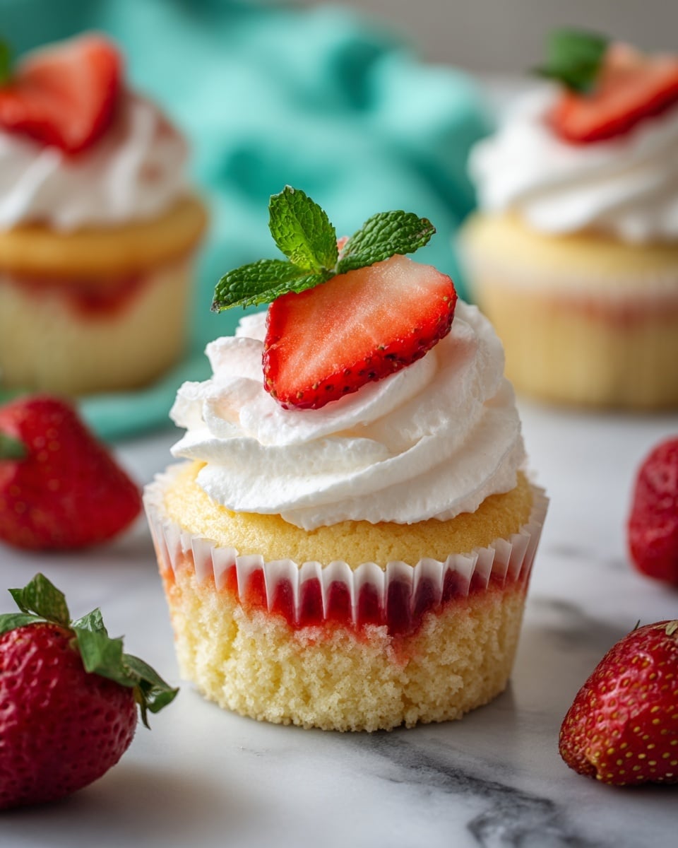 A close-up image features a vanilla cupcake with three layers: the bottom is light yellow sponge cake, soft and crumbly; the middle layer is a bright red strawberry filling in the center; and the top layer is white whipped cream with a pale pink tint, topped with a sliced red strawberry and a small green mint leaf. The cupcake is in a white paper liner that is opened wide around the base. Surrounding the cupcake are whole fresh strawberries and parts of other similar cupcakes with whipped cream and strawberry slices on top. The background is a white marbled surface with a folded teal cloth. Photo taken with an iphone --ar 4:5 --v 7