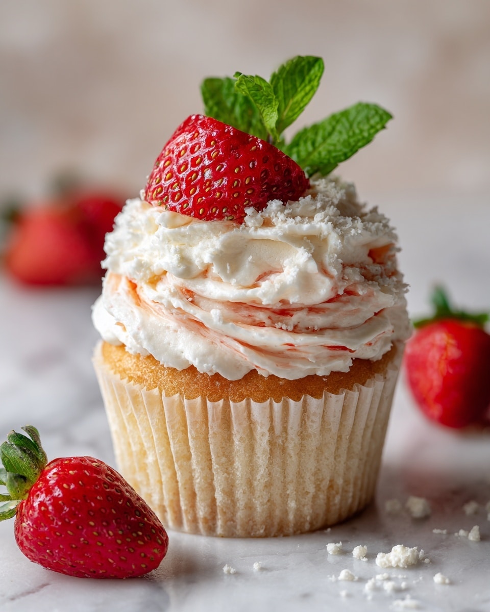 A close-up view of a single cupcake on a white marbled surface, showing three key layers: the bottom layer is a light golden cake with a soft texture wrapped in a pale beige paper liner; the middle layer is a thick, fluffy white cream mixed with small pieces of red strawberries, piled on top of the cake; the top layer features a bright red, cut strawberry quarter and a fresh green mint leaf placed as decoration. Around the cupcake, there are a few whole strawberries slightly out of focus, adding extra color to the scene, photo taken with an iphone --ar 4:5 --v 7