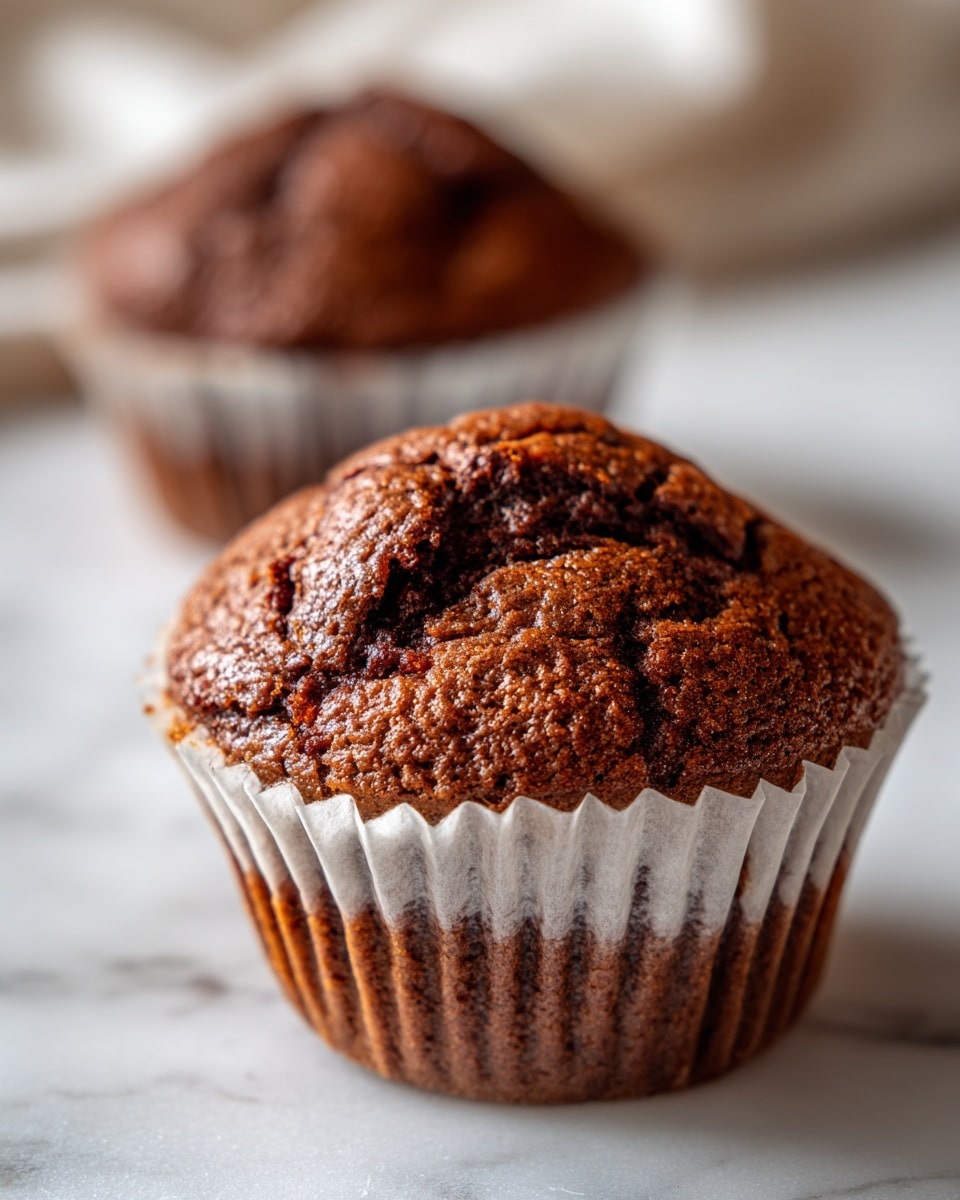 The image shows a close-up of a brown muffin with a cracked top revealing its soft, moist inside texture. The muffin sits in a white paper liner that is slightly crinkled around the edges. Another similar muffin is blurred in the background, placed on a white marbled surface. The colors focus on shades of warm brown with fine crumb details on the muffin surface and a soft focus depth that highlights the front muffin. Photo taken with an iphone --ar 4:5 --v 7