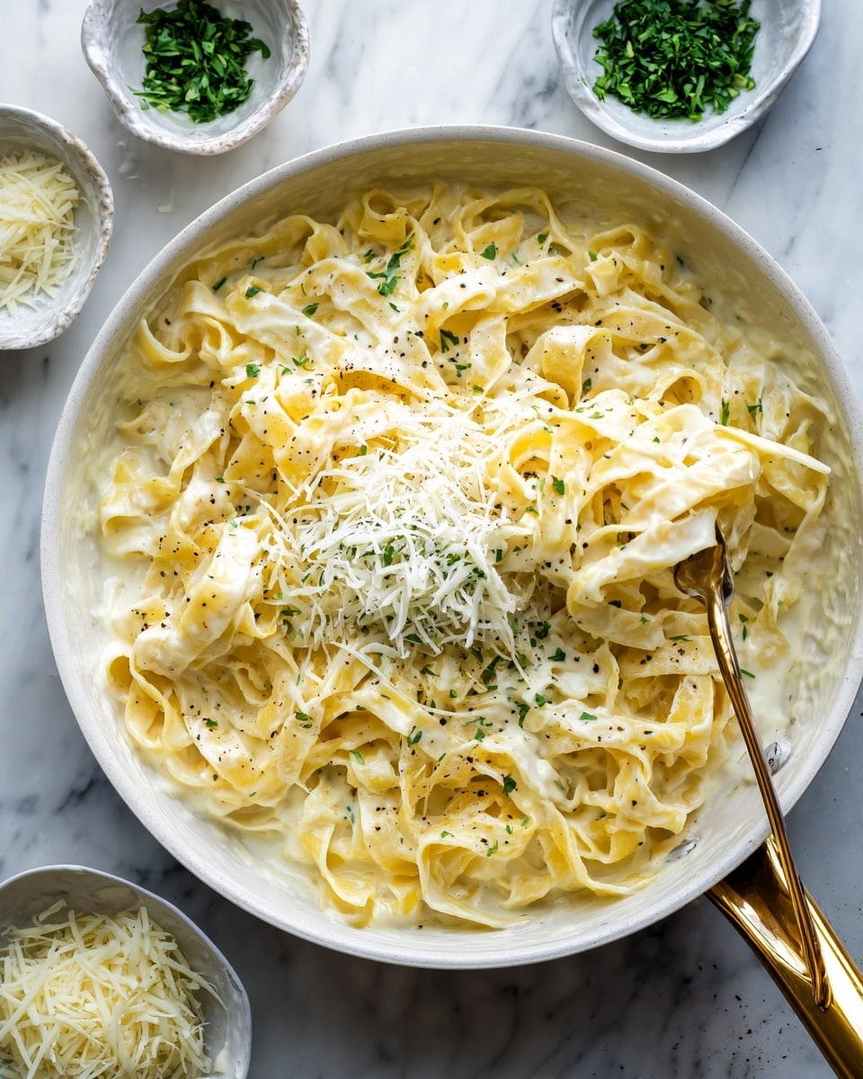 A close-up view of creamy yellow pasta with thick, wide noodles layered and folded in a white pot; the pasta is coated in a smooth, light cream sauce with visible black pepper specks and sprinkled with shredded white cheese and small green parsley leaves on top; two gold-colored serving spoons rest inside the pot, and there are small bowls with green herbs and shredded cheese in the background on a white marbled surface photo taken with an iphone --ar 4:5 --v 7