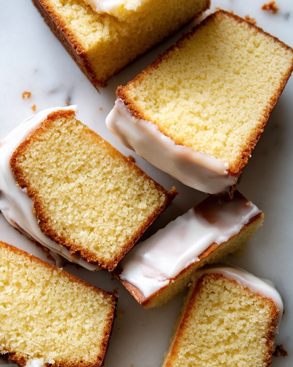 The image shows several slices of yellow pound cake laid flat on a white marbled surface. Each slice has one layer of soft, dense, and moist yellow cake with a light brown crust around the edges. Some slices have a thin layer of white icing on top, which is slightly melting onto the surface beneath. The texture of the cake appears fine and even throughout, with the outer crust adding slight contrast in color and texture. The view is a close-up showing the details of the cake crumb and icing, arranged in a simple, neat layout. photo taken with an iphone --ar 4:5 --v 7