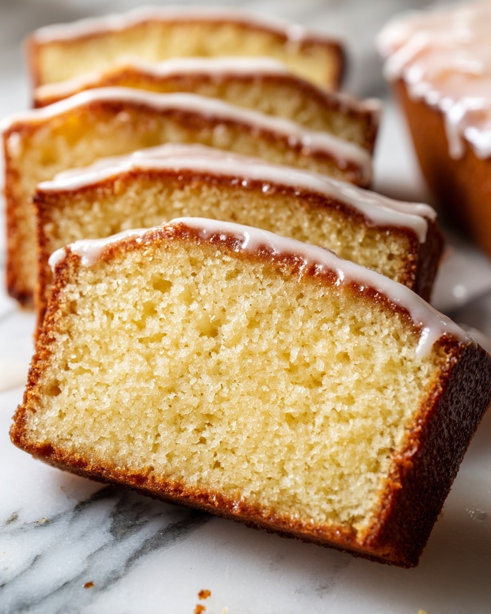 The image shows several slices of yellow pound cake arranged closely on a white marbled surface. Each slice is thick with a moist texture and a light golden brown crust on the edges. The top of each slice has a thin layer of white icing that looks smooth and slightly shiny, following the shape of the cake but not covering the sides. The cake's crumb is fine and soft, with small air holes throughout. The slices are placed side by side, showing consistent thickness and texture. photo taken with an iphone --ar 4:5 --v 7