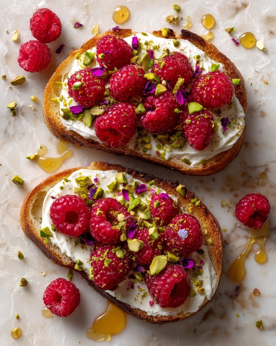 Two slices of toasted bread lay side by side on a white marbled surface with a piece of white parchment paper underneath. Each slice has a creamy white layer of spread evenly covering its surface. On top of the spread, bright red raspberries are scattered across both slices. Small green chopped pistachio pieces and delicate purple flower petals are sprinkled lightly over the raspberries and spread. Golden honey is drizzled over the whole toast, adding a shiny, glossy texture. A wooden honey dipper sits near the bottom edge, with some honey dripping from it. Photo taken with an iphone --ar 4:5 --v 7