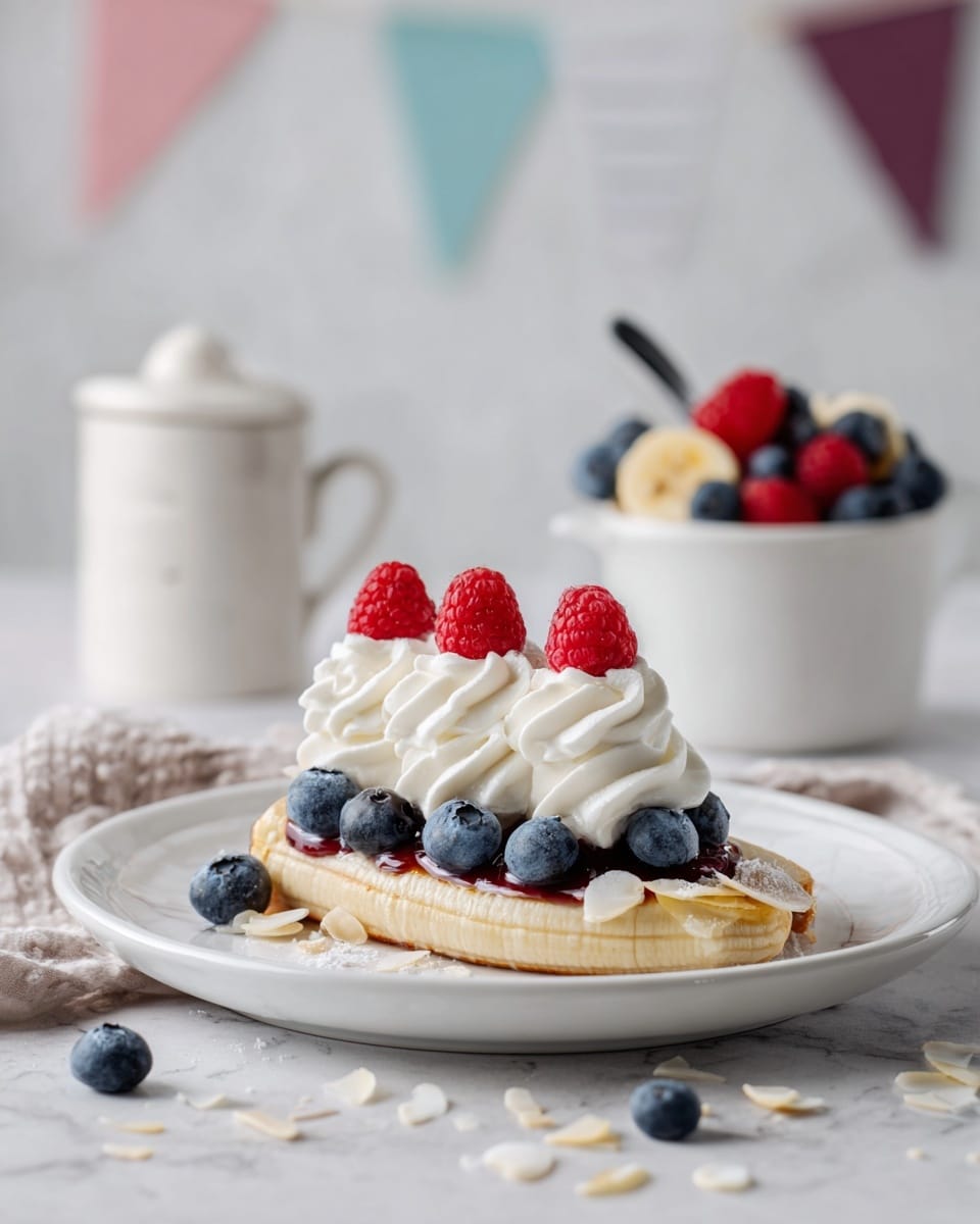 The dish shows one piece of caramelized banana lying flat on a white plate with a white marbled surface underneath. On top of the banana, there is a layer of small round blueberries, followed by three dollops of white whipped cream spaced evenly. Each dollop is topped with one red raspberry, and the whipped cream is sprinkled with crushed nuts and coconut flakes around the banana and on the plate. In the background, there is a white cup filled with raspberries and blueberries and a white jar with a spoon, all set against a white marbled wall with pastel-colored triangular bunting. Photo taken with an iphone --ar 4:5 --v 7