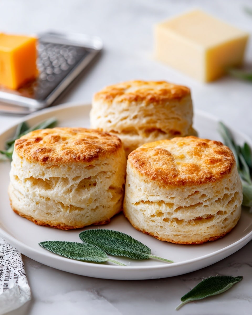 Three golden-brown biscuits with a flaky texture and visible layers sit on a round white plate, each biscuit showing a slightly uneven top with hints of herbs inside. The biscuits have a warm, crispy crust on top and a soft, airy inside with some holes in the dough. Around the plate are fresh green sage leaves adding color contrast. The scene is set on a white marbled surface with blurred cheese and knife in the background, giving a cozy, fresh kitchen feel. photo taken with an iphone --ar 4:5 --v 7