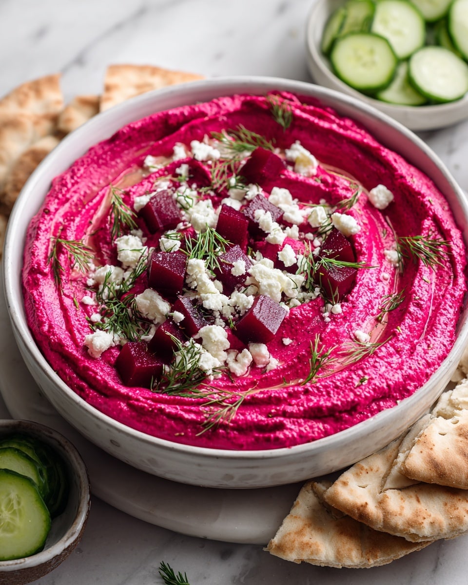 A large white bowl holds a smooth, bright pink beet dip spread in thick, creamy swirls across the base. On top, scattered dark red beet cubes add a firm texture, mixed with small crumbles of white cheese covered lightly with black pepper. Fresh green dill sprigs are spread evenly over the dip, giving a fresh contrast. Around the bowl, light brown round pita breads and a small white bowl filled with crispy pita chips sit on a white marbled surface. A black bowl with fresh, green cucumber slices is in the top right corner. photo taken with an iphone --ar 4:5 --v 7
