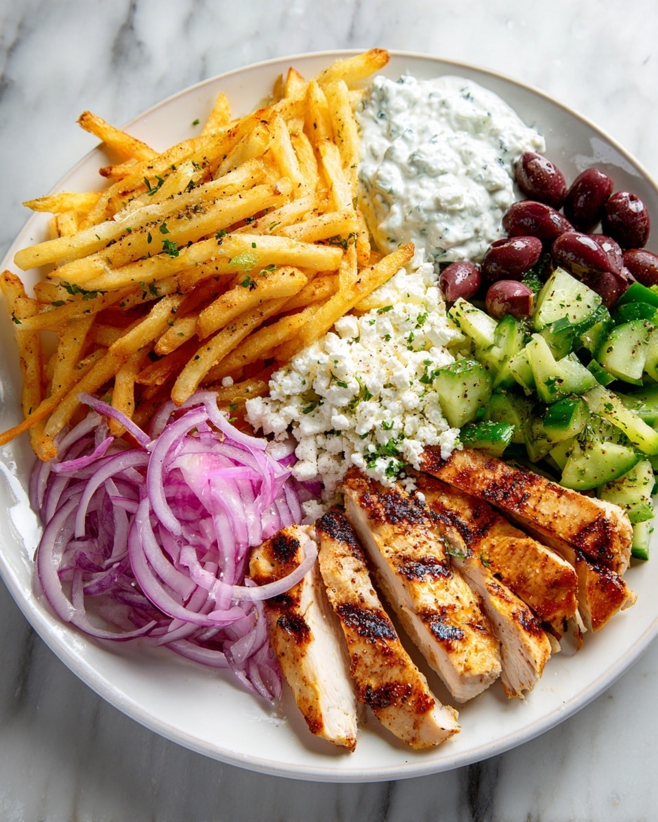 A white round plate on a white marbled surface holds a colorful meal with six main parts arranged side by side. Starting from the bottom right, there are grilled chicken slices with a golden brown, slightly charred texture and a light creamy inside. Next to the chicken, on the bottom left, is a pile of crispy golden French fries with some black pepper seasoning on top. Moving upward, there is a small portion of crumbly, white feta cheese sprinkled with a little bit of herbs. Above that, bright and thinly sliced purple onions lay in a small mound. To the right of the onions, chopped fresh green cucumbers mixed with dark purple Kalamata olives create a fresh salad. Finally, on the far left, a creamy white tzatziki sauce with visible cucumber bits is spread thickly in a rounded shape. photo taken with an iphone --ar 4:5 --v 7