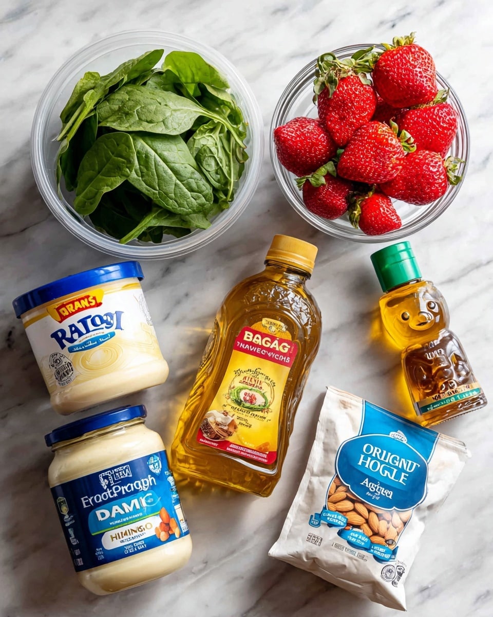 The image shows a white marbled surface with several grocery items arranged neatly. There are two clear blue plastic containers of Earthbound Farm Organic Baby Spinach on the left side. Next to them is a jar of Best Foods Real Mayonnaise with a blue lid. To the right of the mayo is a bottle of Bragg Organic Apple Cider Vinegar with a yellow and red label. Beside it, there is a bear-shaped bottle of Kirkland Organic Raw Honey with a green cap. On the far right, there is a white bag of Kroger Sliced Almonds with a blue label. Above these items, there is a clear bowl full of fresh red strawberries, and next to it, a small bottle labeled