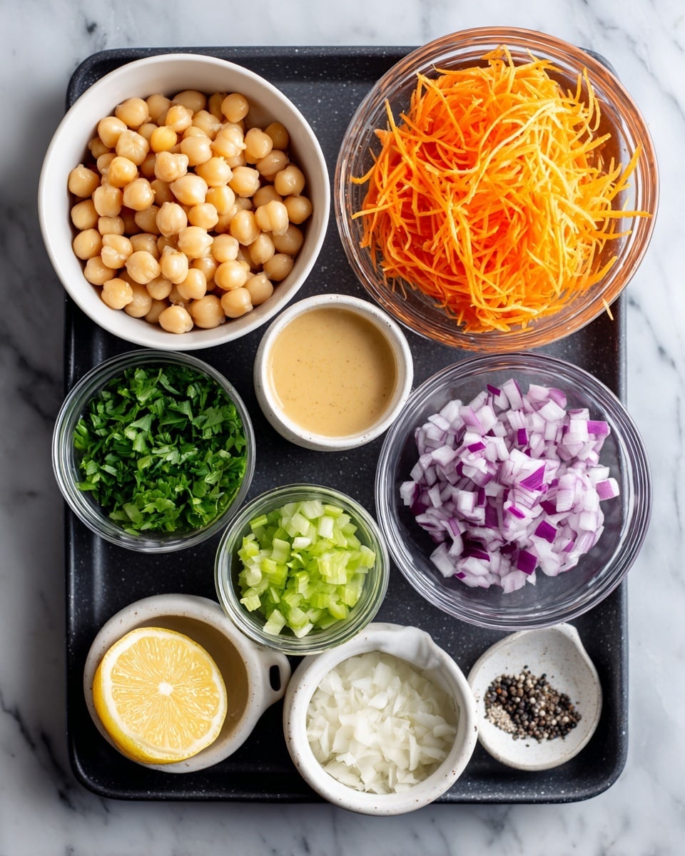 The image shows a black tray on a white marbled surface holding several small white bowls and glass bowls with different ingredients arranged neatly. Starting from the top left, there is a white bowl filled with beige chickpeas, next to it on the right is a white bowl with shredded bright orange carrots. Below the chickpeas bowl, there is a glass bowl with chopped light green celery. In the center of the tray are three small white bowls filled with creamy beige tahini, pale yellow dijon mustard, and finely chopped green cilantro. Nearby is a small white bowl holding minced white garlic and a glass bowl filled with purple and white chopped red onion. At the bottom left, there is a half lemon with a bright yellow inside facing up. Finally, a small white bowl with black and white salt and pepper is placed on the bottom right corner of the tray. The colors and textures are clear and vibrant. photo taken with an iphone --ar 4:5 --v 7