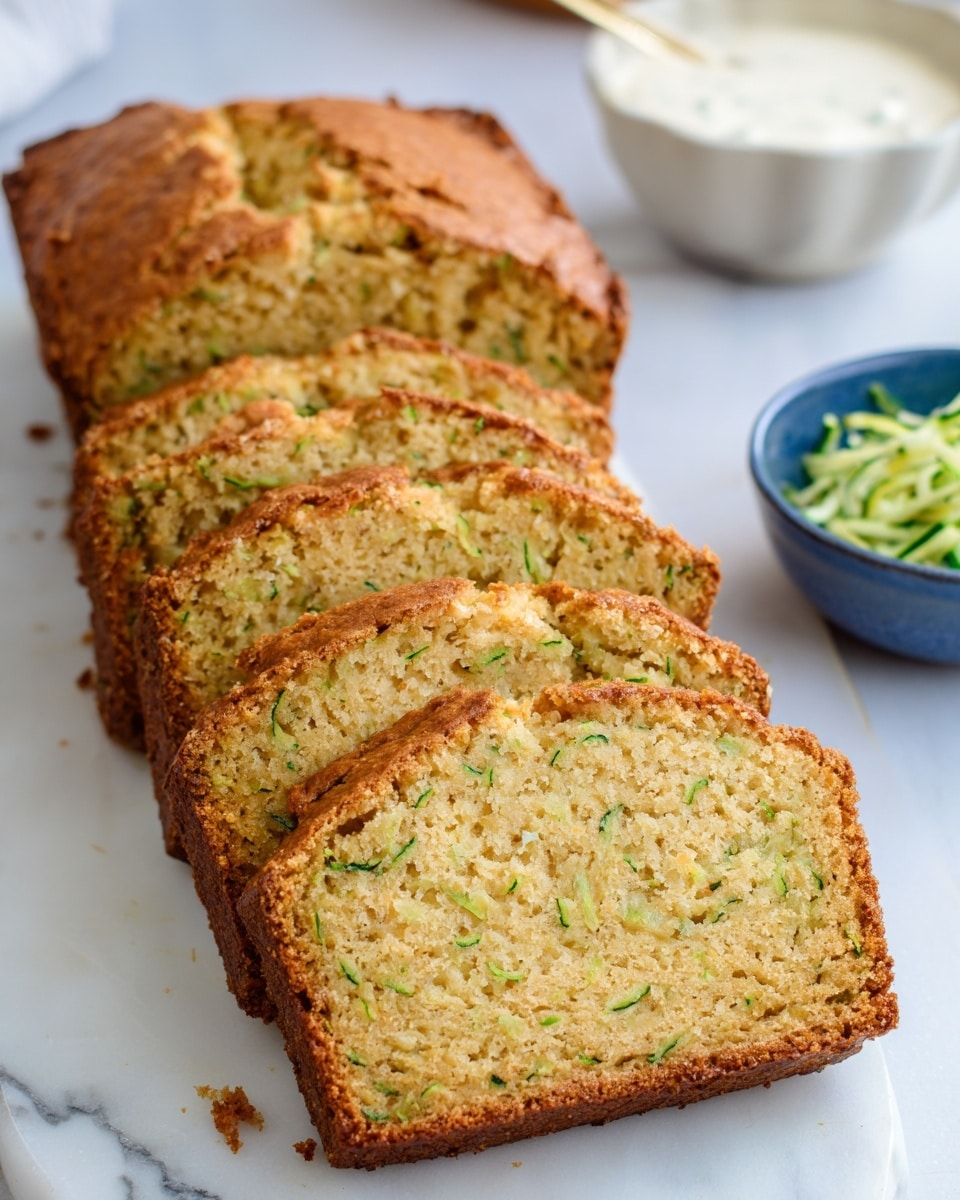 The image shows a loaf of zucchini bread, partially sliced into four thick pieces laid out on a white marbled surface. The bread has a golden brown crust around the edges with a soft light green and yellow inside, speckled with visible small bits of shredded zucchini. In the background, there is a small white bowl with a creamy sauce and a white bowl filled with shredded zucchini, placed near the loaf. The scene has a clean and fresh look with crumbs scattered lightly around the bread. Photo taken with an iphone --ar 4:5 --v 7