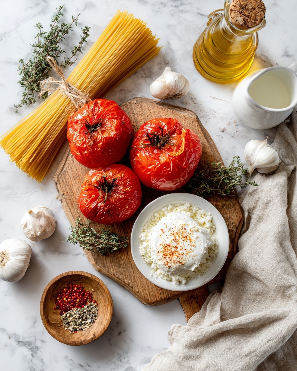 The image shows a wooden cutting board placed on a white marbled surface. On the board, there are four bright red roasted tomatoes with slightly wrinkled skins arranged closely together. To the left of the tomatoes is a bundle of uncooked yellow spaghetti pasta tied with a thin piece of twine. On the right side of the board, there is a small white bowl filled with a white, creamy cheese topped with a light sprinkle of red spices. Below the bowl is a small wooden dish holding a mix of red and black crushed pepper flakes. Around the board are whole heads of garlic with white papery skins, sprigs of fresh green thyme, a small white creamer filled with a pale liquid, a wooden bowl filled with coarse white salt, and a clear glass bottle of golden olive oil with a cork stopper. A beige linen cloth is casually placed on the right bottom corner of the image. Photo taken with an iphone --ar 4:5 --v 7