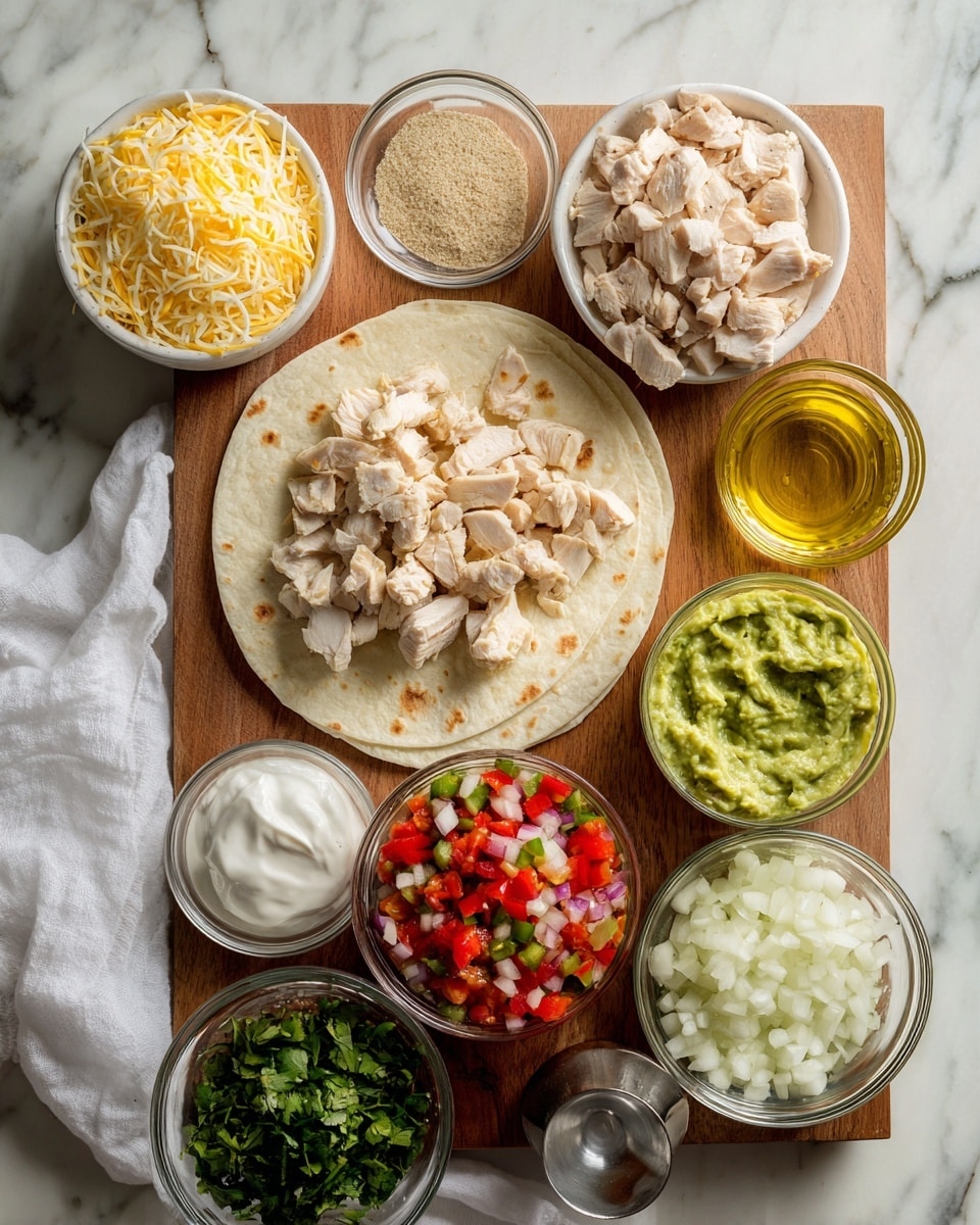 A white folded tortilla sits in the middle on a wooden board, surrounded by several small glass bowls. Clockwise from the top left, there is a white bowl with shredded yellow and white cheese, a small glass bowl with a light brown powder, a small bowl with raw diced chicken, a bowl with green and red chopped peppers, a bowl with red diced tomatoes and white onion pieces mixed with herbs, a small silver bowl with white sour cream, a small glass bowl of chopped white onion, a clear container of green guacamole, and a glass cup with golden olive oil. The whole setup is on a white marbled surface with a white cloth on the side. Photo taken with an iphone --ar 4:5 --v 7