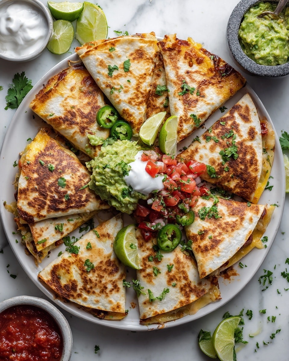 A white round plate is filled with two layers of golden brown folded quesadillas with visible bits of vegetables and melted cheese peeking out, arranged in a circular pattern. On top at the center, there is a generous scoop of green guacamole with chunks of tomato, a dollop of white sour cream, a small mound of red and white pico de gallo, and slices of bright green jalapeño. Around the plate, fresh green cilantro leaves are scattered on a white marbled surface. To the upper left, a black stone bowl contains more guacamole, and a small white bowl holds more pico de gallo. A white plate with lime wedges is seen at the bottom right next to a metal spoon filled with sour cream. Photo taken with an iphone --ar 4:5 --v 7