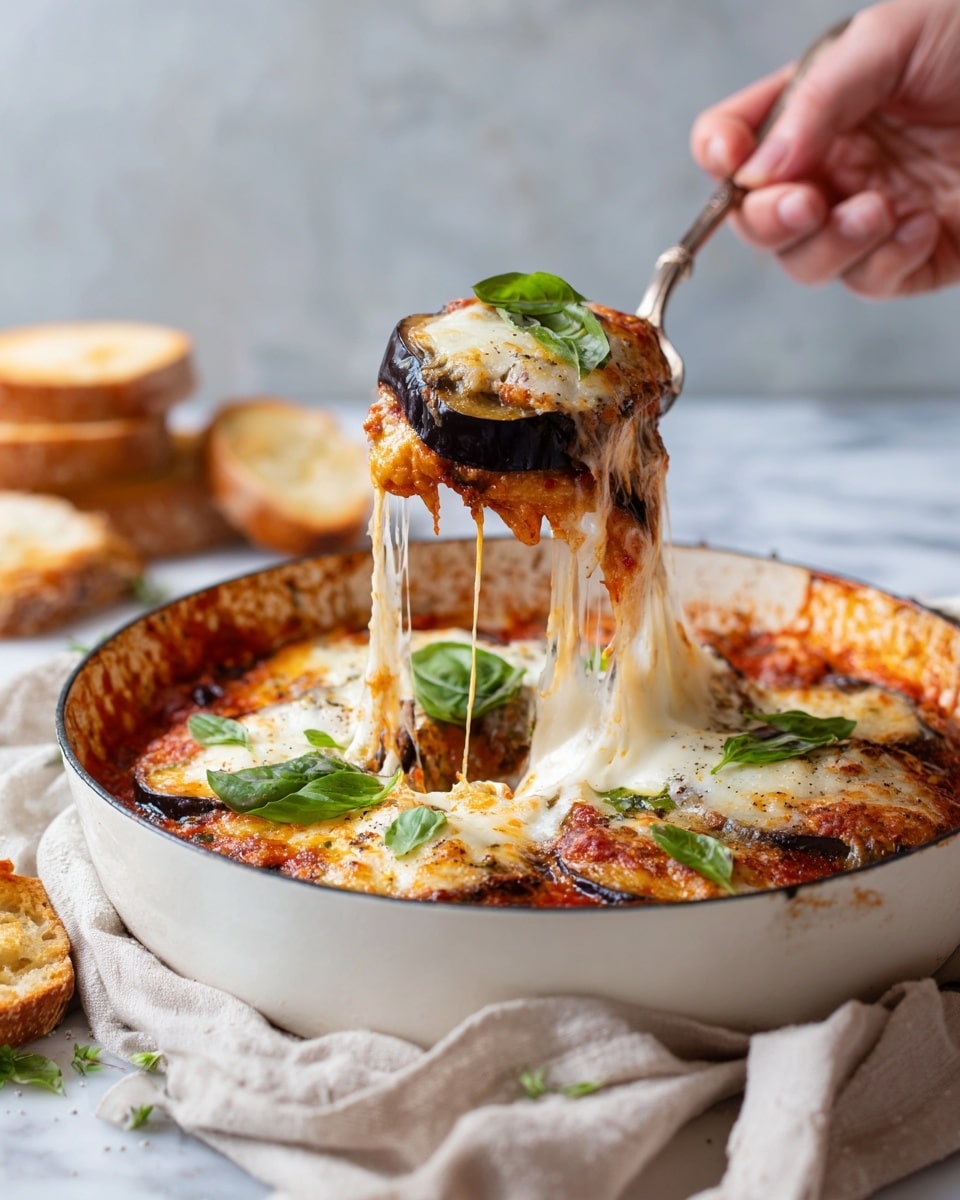 A white pan filled with a baked dish layered with round slices of eggplant covered with melted golden brown cheese and bright red tomato sauce, showing around 3 visible layers: a bottom layer of thick tomato sauce, middle layers of eggplant slices, and a top layer of browned, bubbly cheese sprinkled with fresh green basil leaves. A silver spoon rests inside the pan, partially removing some cheese and sauce to reveal the layers below. Around the pan on a white marbled surface are small bowls with fresh basil and toasted bread. Photo taken with an iphone --ar 4:5 --v 7
