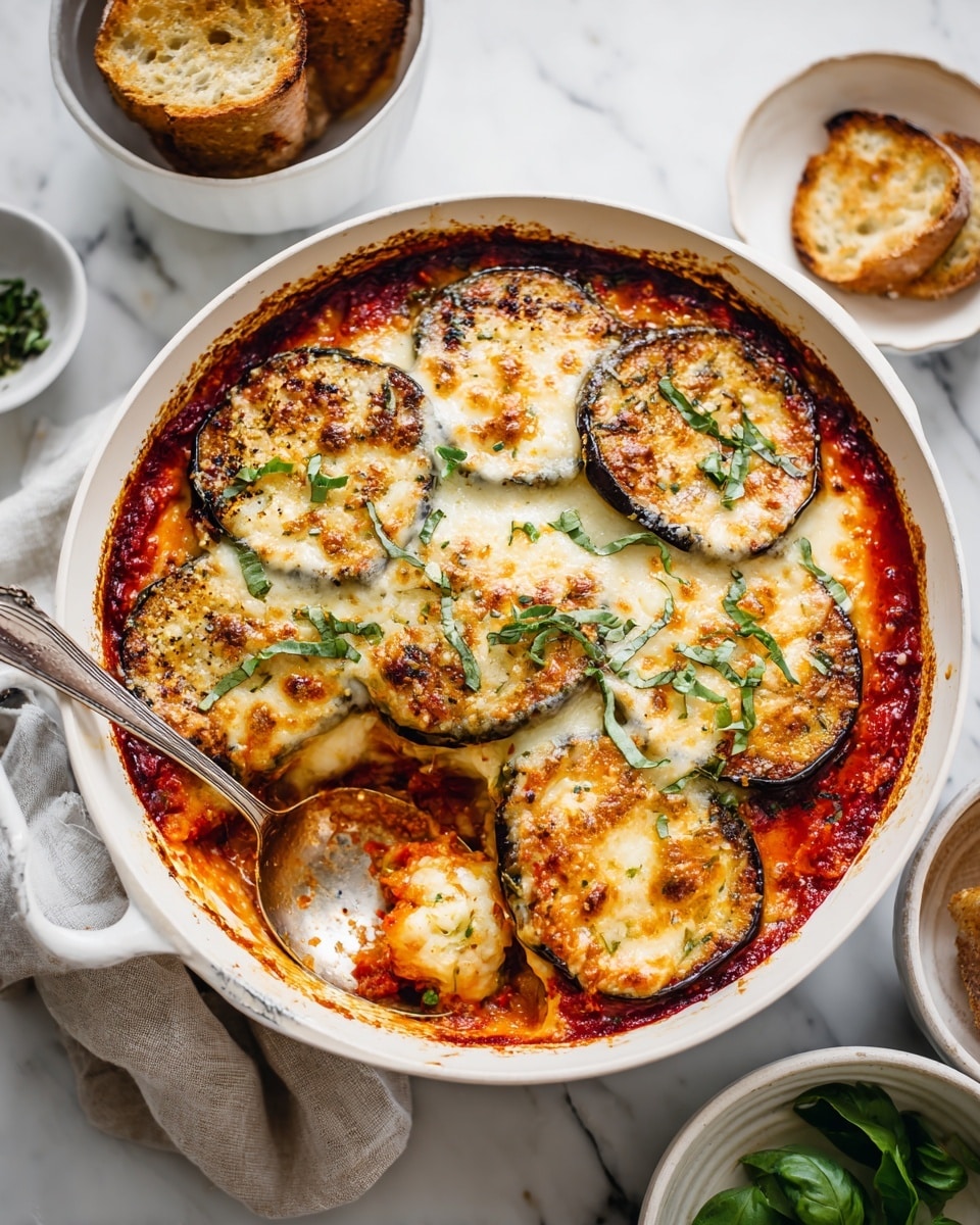 A round white pan holds several pieces of cooked eggplant parmesan, each slice coated with a rich red tomato sauce base, topped with a thick layer of melted, golden-browned cheese, and sprinkled with fresh green basil leaves. The eggplant slices appear breaded with a textured, crispy coating beneath the sauce and cheese layers. A woman's hand holding a fork lifts one piece, stretching long, stringy white melted cheese upwards. The pan sits on a soft beige cloth on a white marbled surface with blurred toasted bread and a glass of water in the soft background. photo taken with an iphone --ar 4:5 --v 7