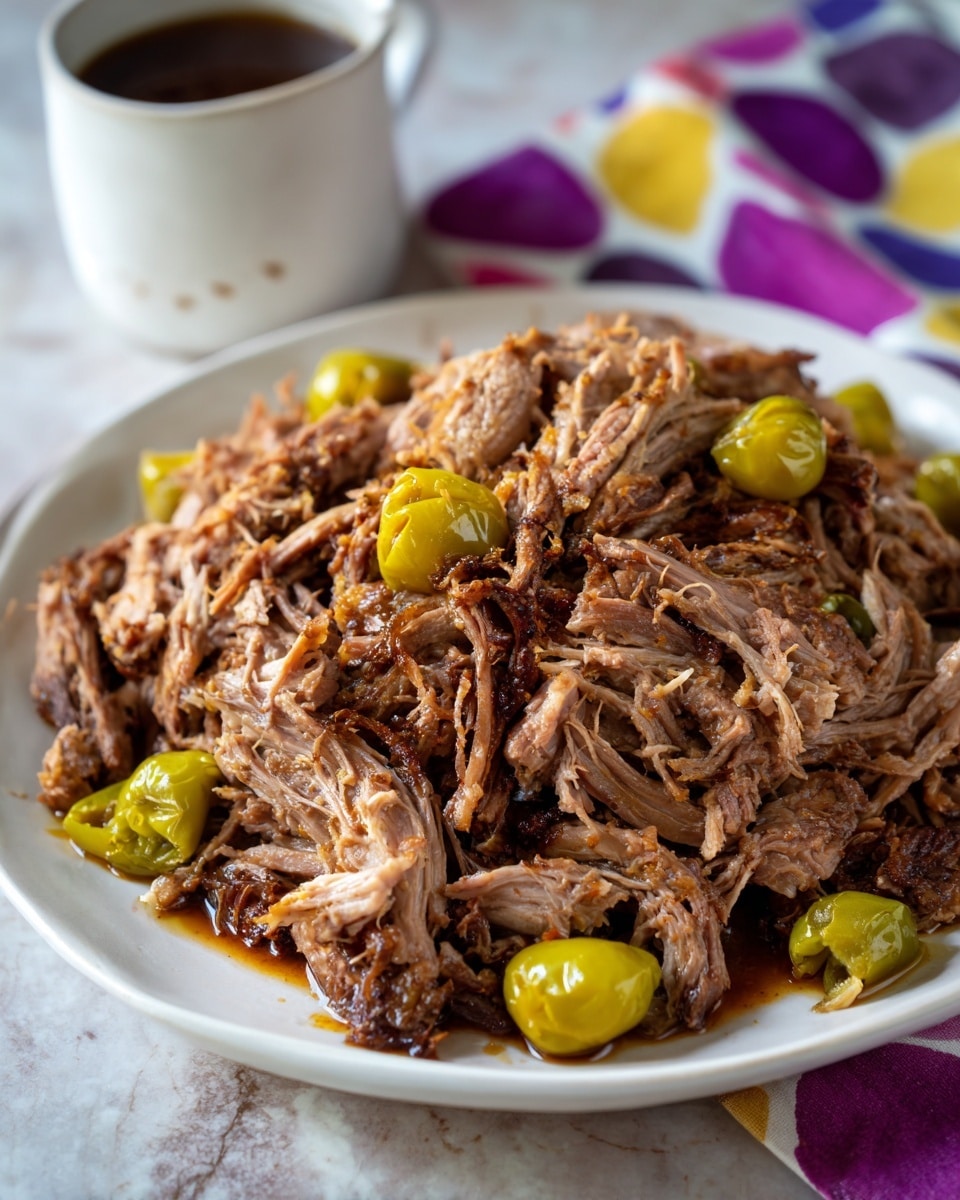 A white plate filled with a large pile of shredded brown meat, mixed with whole yellow-green peppers scattered around the edges. The meat looks tender and moist with visible strands and fibers. The plate sits on a white marbled surface with a colorful cloth nearby featuring purple and white spots. In the background, there is a white cup filled with dark brown liquid, possibly a sauce or broth. The photo is close up, showing the texture and moisture of the shredded meat clearly. photo taken with an iphone --ar 4:5 --v 7
