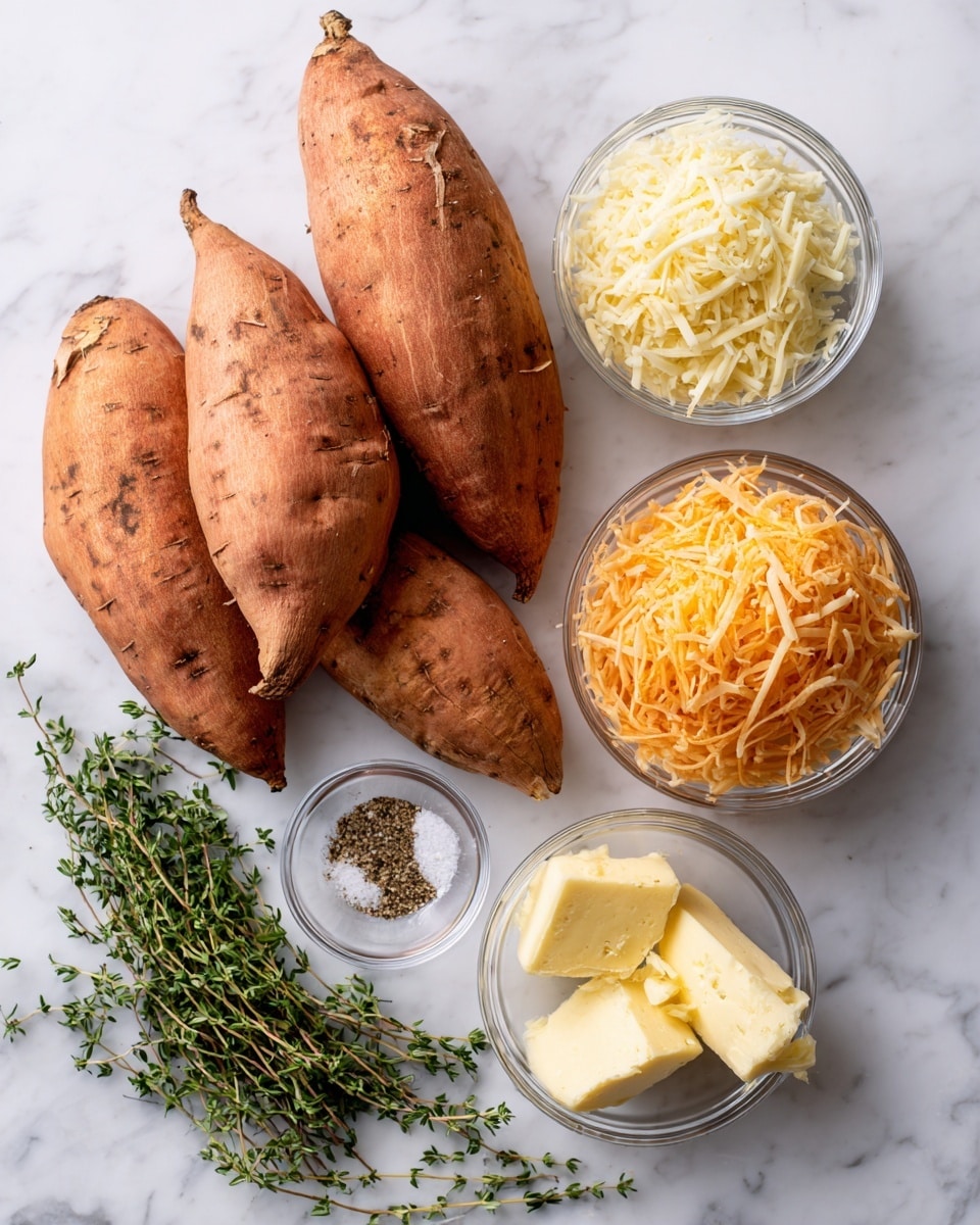The image shows four whole sweet potatoes with rough orange skin placed on a white marbled surface. Around the potatoes are small clear glass bowls containing shredded pale yellow gruyere cheese, shredded parmesan cheese, and a chunk of yellow butter. A small clear dish holds a mix of salt, black pepper, and garlic powder. Fresh green thyme sprigs lie loosely arranged near the bottom left. Everything is laid out simply with the ingredients separated and easy to see. Photo taken with an iphone --ar 4:5 --v 7