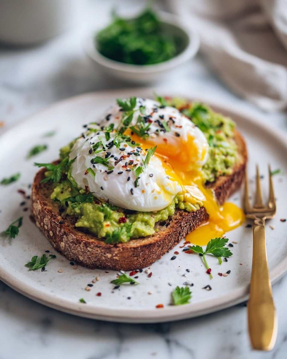 A slice of toasted brown bread lies on a white plate with a white marbled background; the first layer is smashed green avocado spread evenly on the bread, topped with a poached white egg with a runny yellow yolk spilling out. The egg is sprinkled with chopped green herbs, black sesame seeds, crushed black pepper, and small bits of chili flakes that add a touch of red and orange. To the upper right of the toast, there is a small white bowl filled with fresh green parsley leaves. A gold-colored knife and fork rest on the edge of the plate, and part of a halved avocado with bright green flesh and a brown seed appears at the bottom left corner. photo taken with an iphone --ar 4:5 --v 7