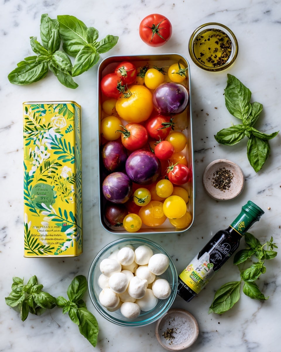 A top-down view shows a variety of fresh ingredients arranged on a white marbled surface. There is a tall, rectangular tin of regional extra virgin olive oil with green leaf patterns on the left, different types of tomatoes in red, yellow, and purple shades spread out in the middle, and a small glass bowl filled with smooth white mozzarella balls on the right. Near the bottom right, a bottle of organic balsamic glaze with a green cap lies diagonally. Fresh green and purple basil leaves lay near the center, along with a small glass bowl containing coarse salt and pepper. The colors are bright and natural, highlighting the freshness of each item. photo taken with an iphone --ar 4:5 --v 7